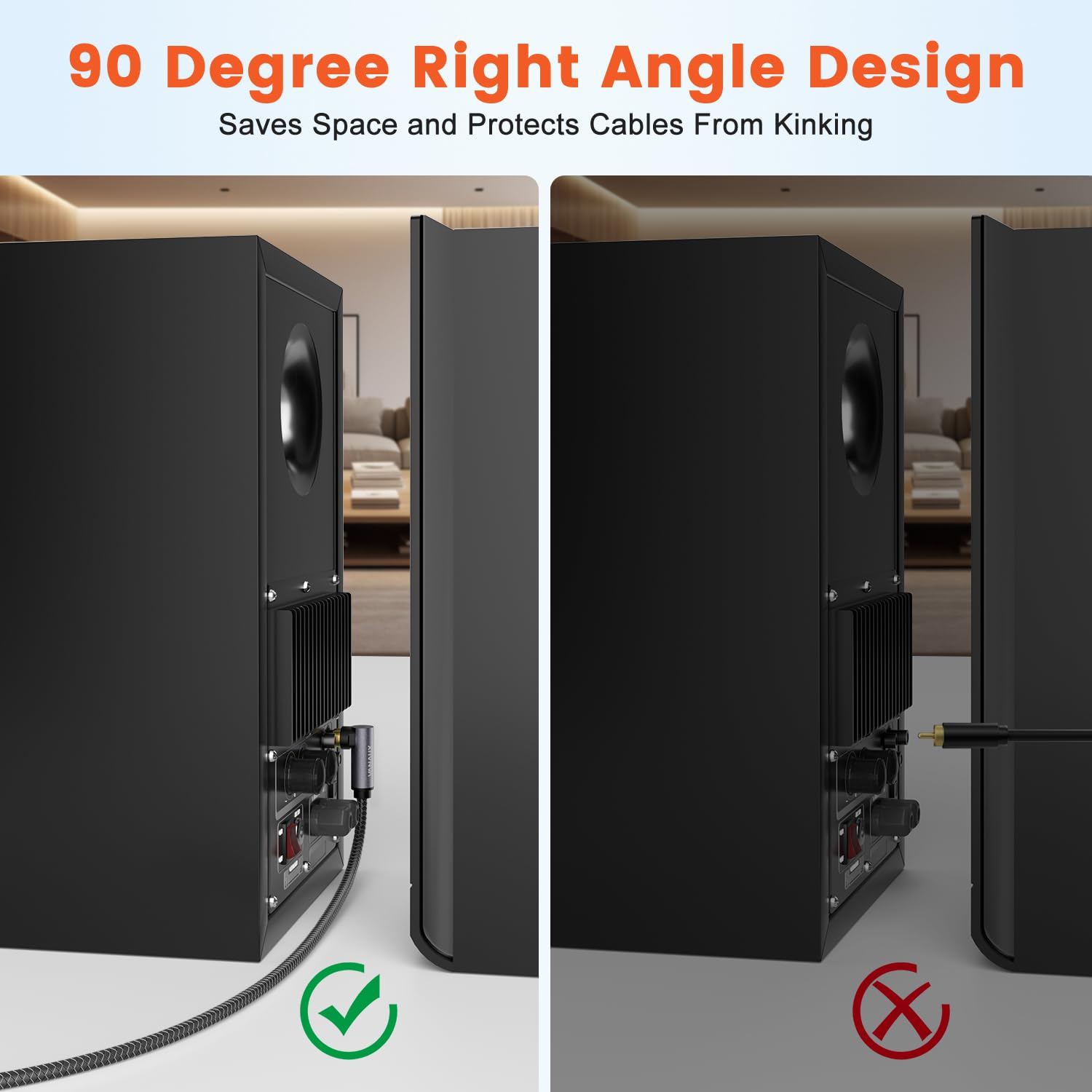 VANAUX 90 Degree RCA Cable,Right Angle Subwoofer Cable,Digital Coaxial Audio Cable,Nylon Braided,Gold-Plated,Male to Male for Amplifiers,Hi-Fi Systems,Hdtv,Sound Bar,Ps4 (6.6Ft/2M) image number 2