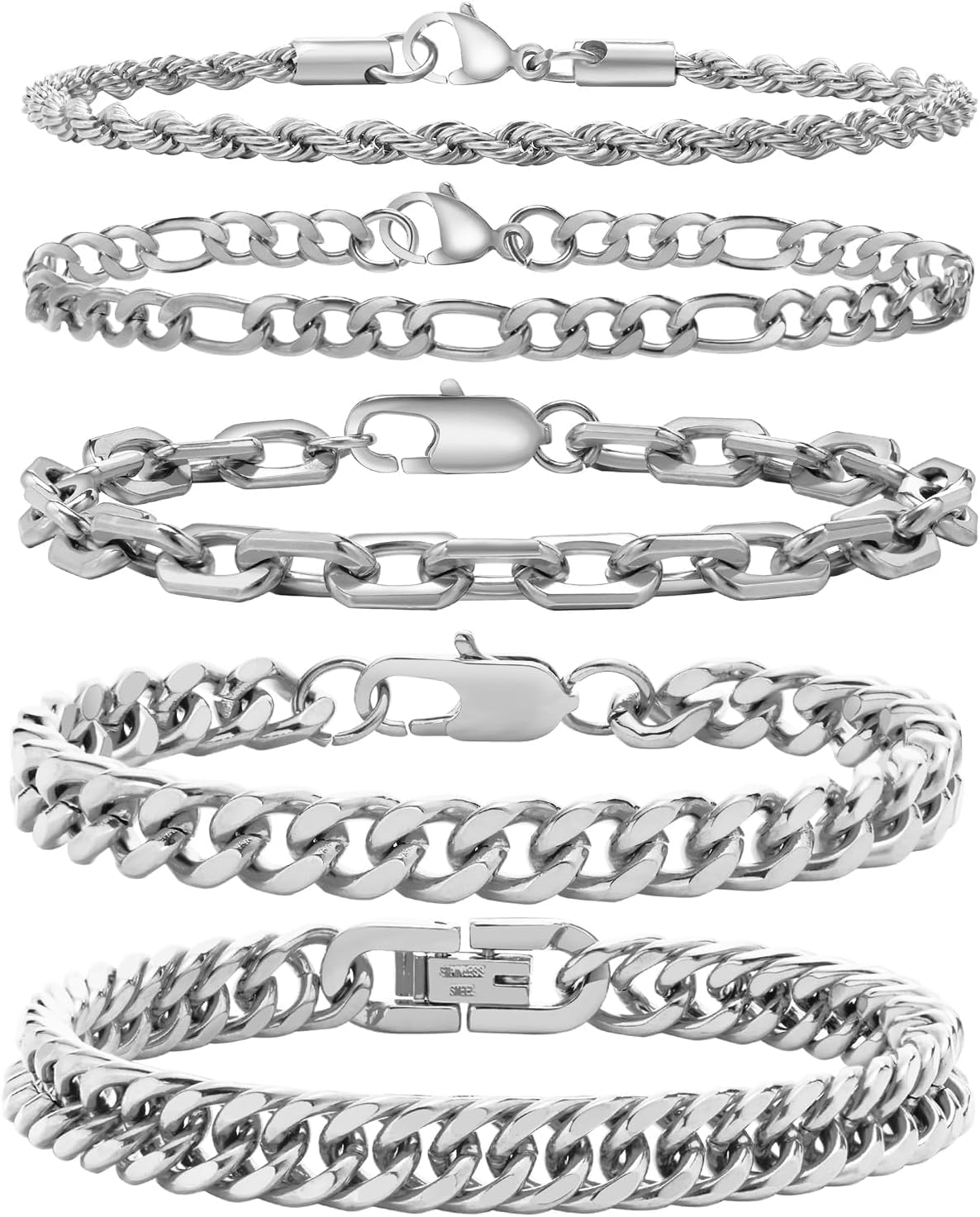 Tomovely 5 Pcs Chain Bracelet for Men Women - Sturdy Stainless Steel Curb Width Cuban Link Chain Bracelet Set for Men Women,7.4/8.2/9 Inches