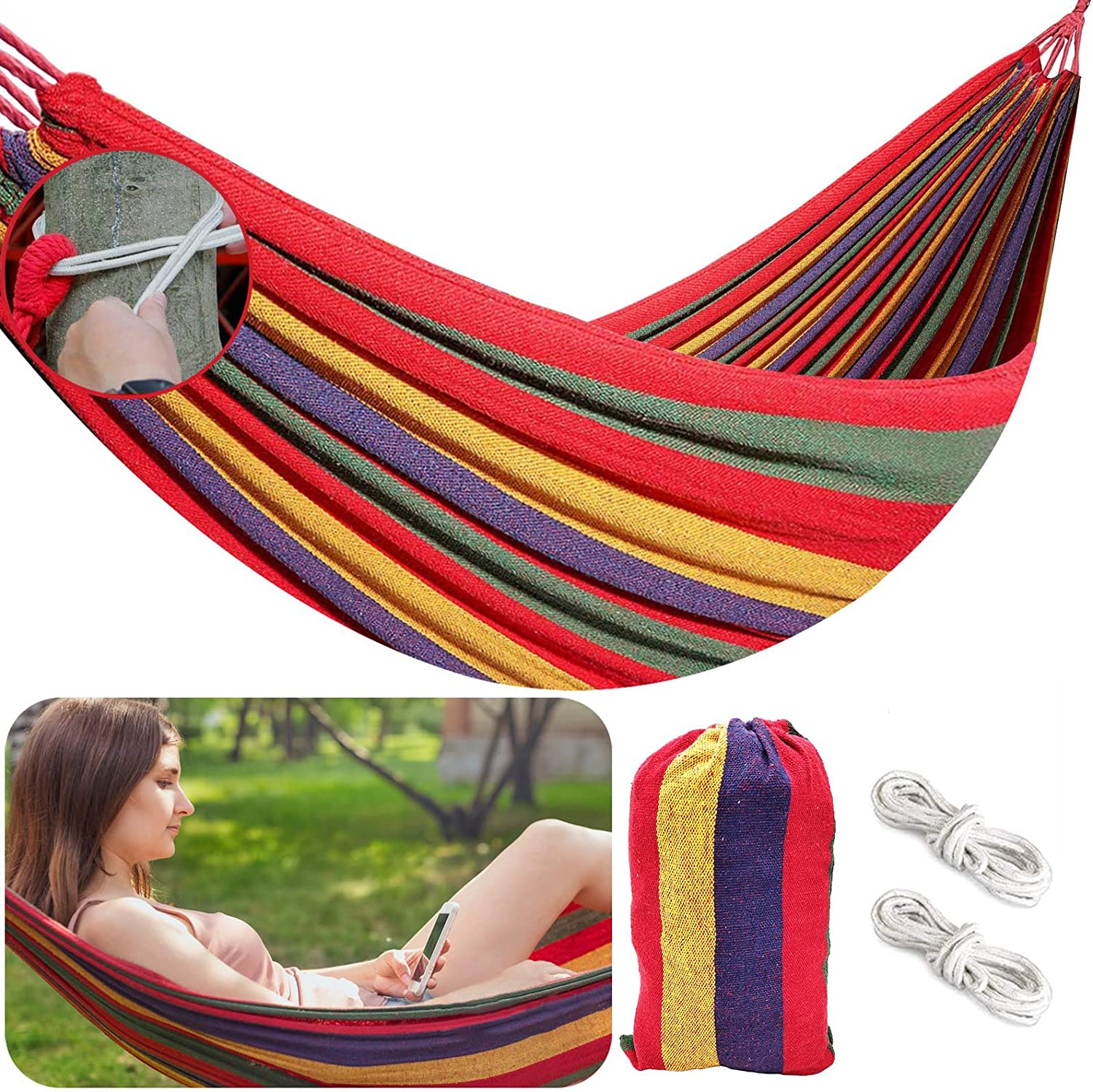 Hammock Colorful Multifunctional Camping Hammock, 8.5Ft X 5Ft Portable Double Parachute Hammock with Tie Rope Canvas Travel Hammocks for Outdoor Beachpatio Porch Garden Backyard Lounging (Red Stripe) image number 3