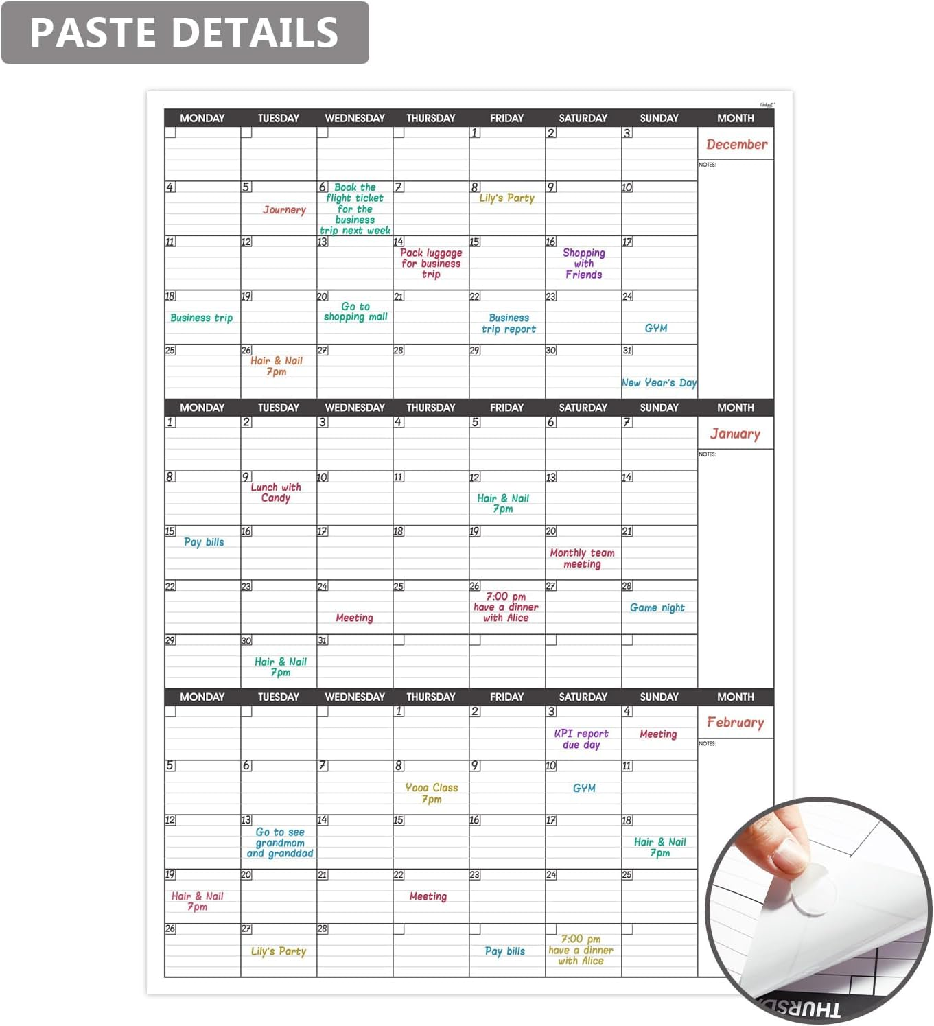 Colorage Large Wall Calendar Undated - Three Monthly Dry Erase Reusable Planner, Giant Laminated Poster, Goal & Task Organizer for Your Home, Office, School Includes 4 Sticker Dots, 101 Cmx73 Cm image number 1