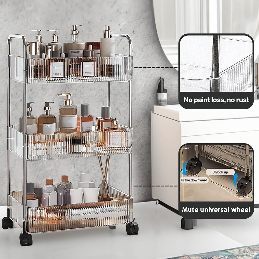 3-Tier Utility Rolling Cart, Organizer Shelves with 3 Baskets, Wheeled Makeup Trolley, Storage Rack, Mobile Utility for Office, Kitchen, Bathroom image number 3