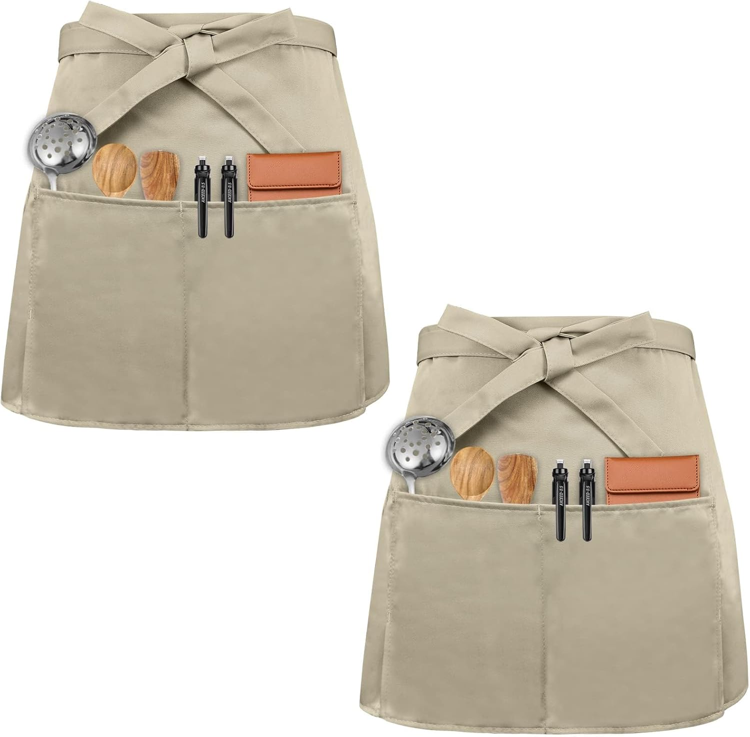 Waist Apron Front Ties 2 Pcs Waiter Aprons Waist Apron with 3 Pockets Baking Aprons Cooking Aprons for Bistro Restaurant Hotel Cafe Chef Waiter Cleaning Painting Gardening