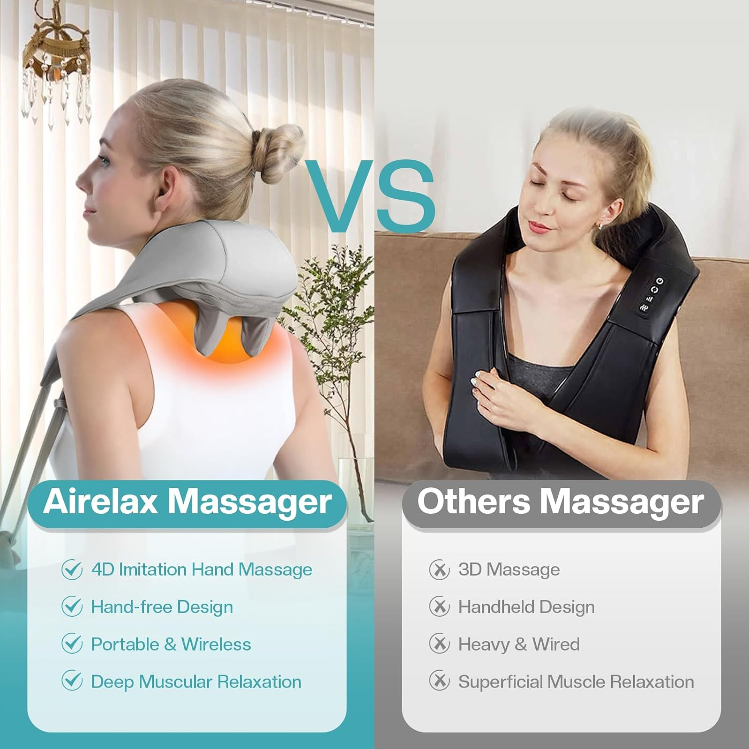 Airelax Neck Massager with Heat Cordless Shiatsu Back and Neck Massager Electric Kneading Back Massager Deep Tissue Shoulder Massager, Massage Pillow for Shoulder, Leg, Body Muscle image number 4