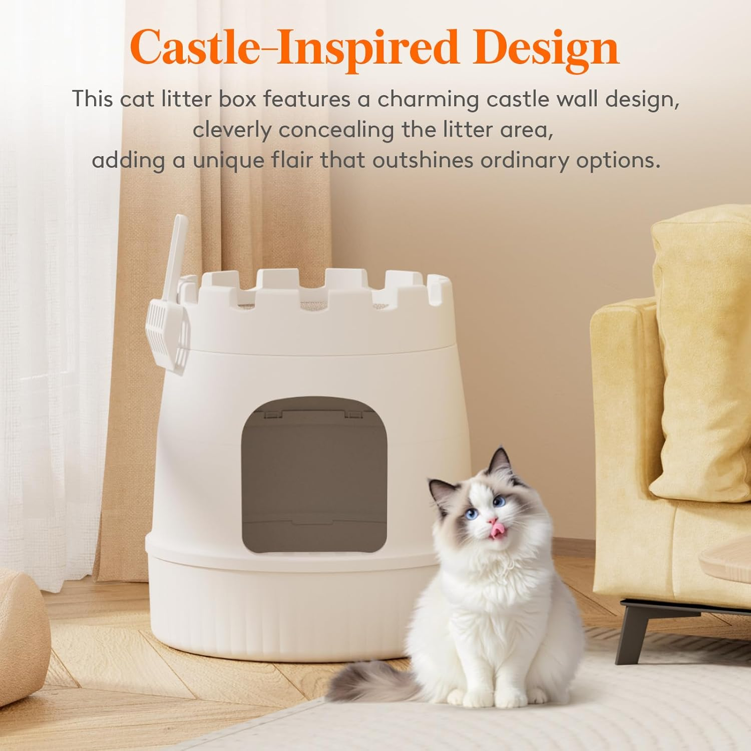 Lifewit Castle Cat Plant Litter Box with Scratching Board & Scoop, Hidden Covered Kitty Litter Box Enclosure with Odor Control & Carbon Filter in Living Room, Bedroom, Corner, White image number 3