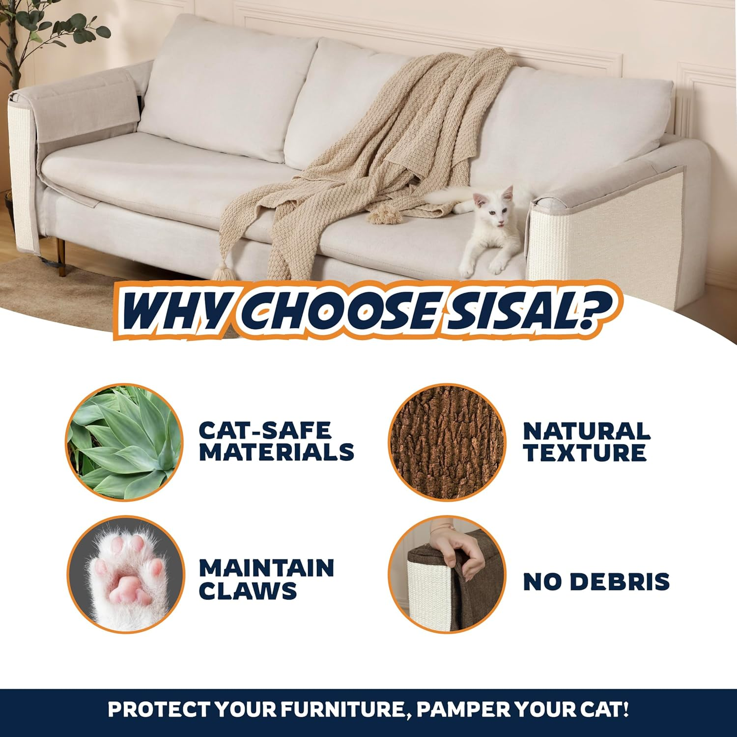 PANTHER ARMOR Cat Scratch Couch Protectors [2X Left & Right Arm in Beige] - Natural Sisal Furniture Protector for Cats - Scratching Pads - Couch Covers