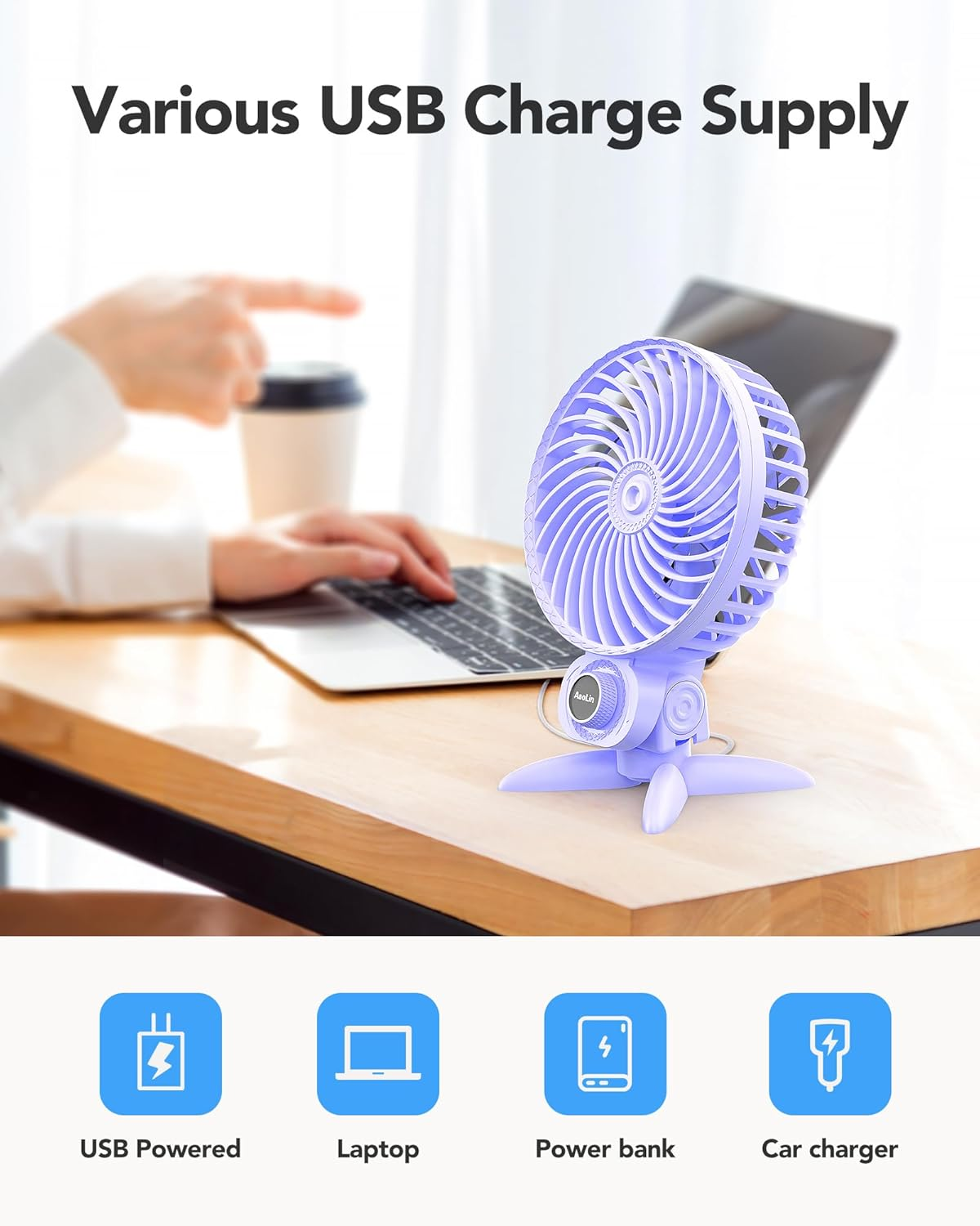 Aaolin USB Small Fan, Desk Fans with CVT Variable Speeds, Strong Cooling Airflow, Quiet Portable, Desktop Mini Personal Fan for Room, Home,Office, Bedroom-Usb Powered (Purple) - Blue image number 2