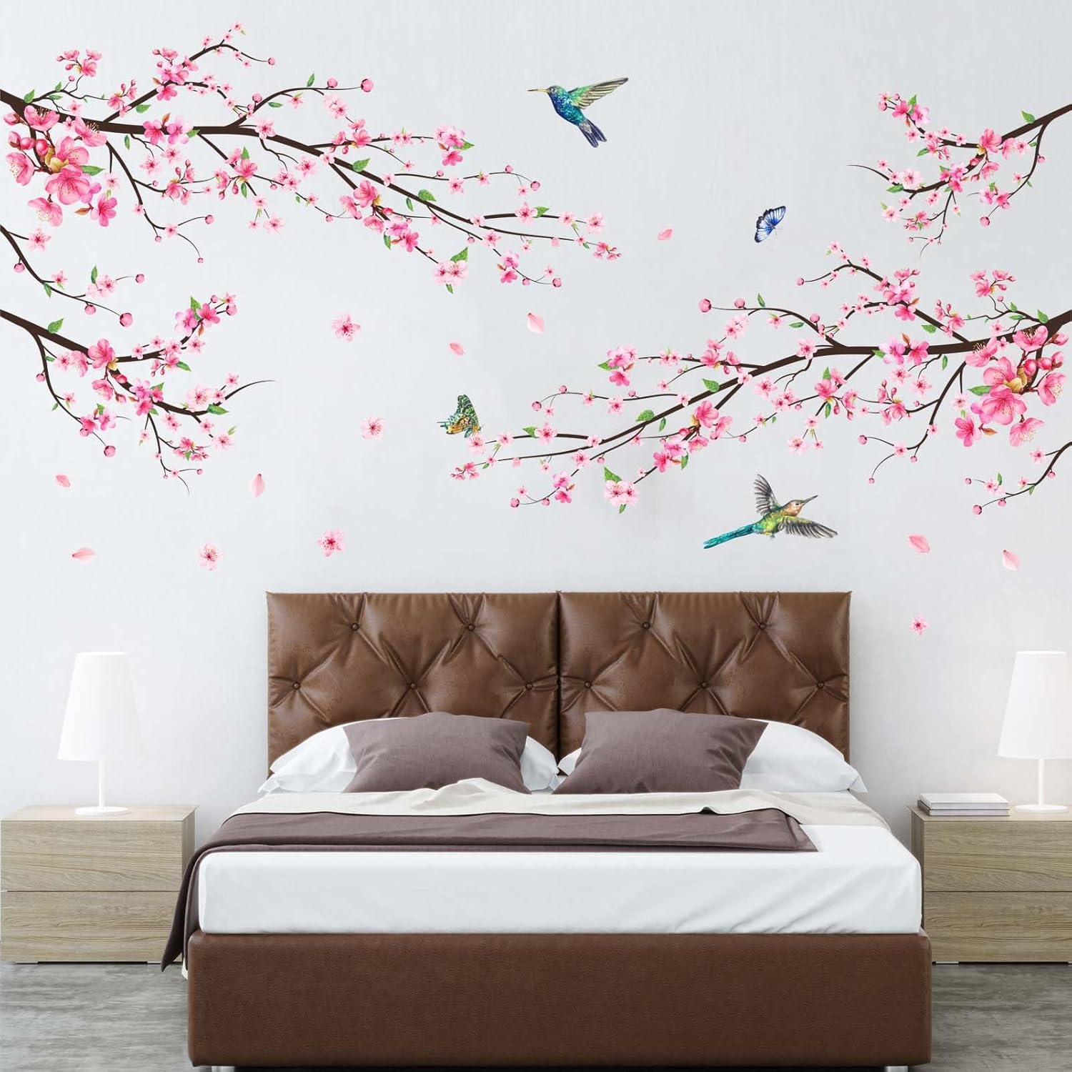 Amimagen Pink Watercolor Cherry Blossom Wall Stickers - Tree Branch Flower Birds Wall Decals - Bedroom Living Room Sofa TV Background Home Wall Decor image number 4