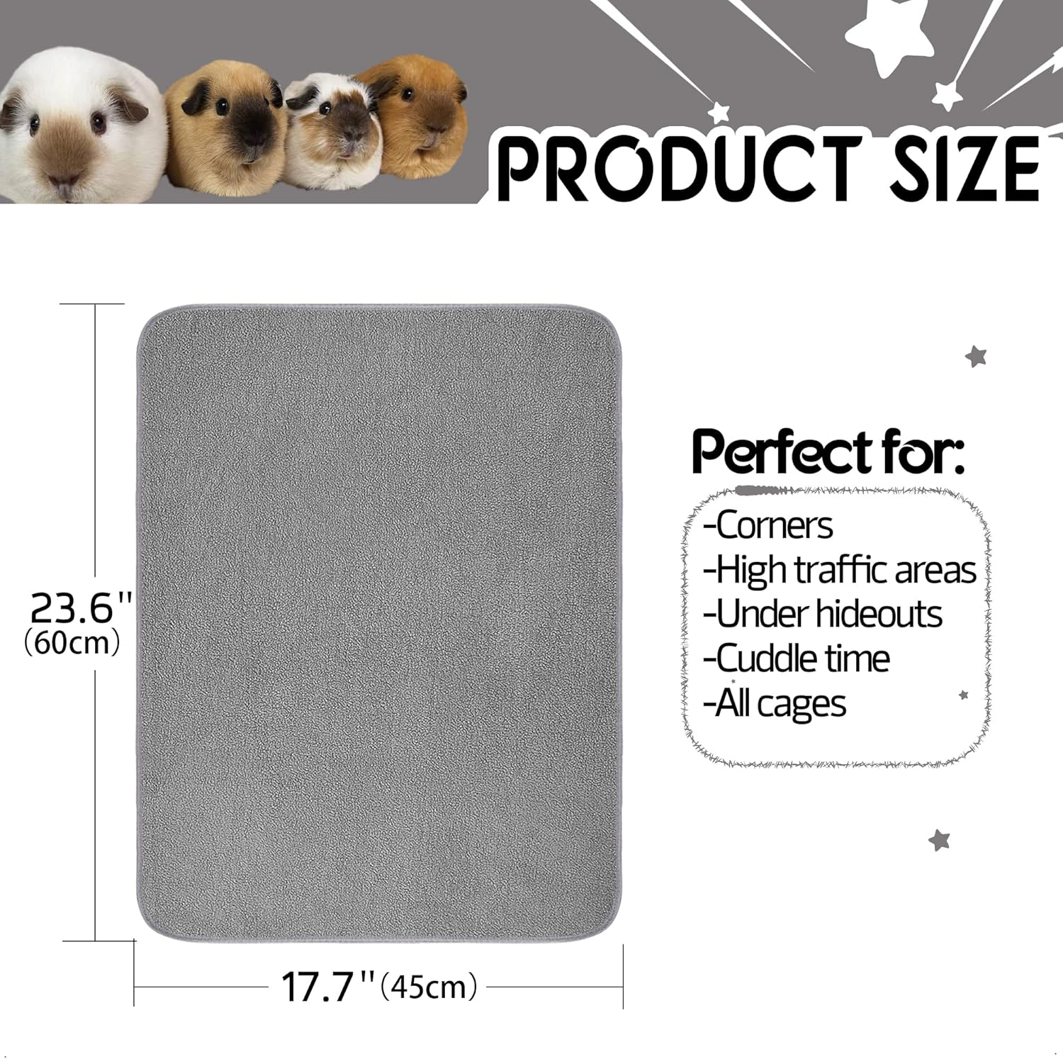 GINIDEAR Guinea Pig Cage Liner, 4 Pack - Washable, Reusable, Leakproof Fleece Bedding Pads for Small Animals with Anti-Slip Bottom - for Midwest Kitchen/17X23 Area, Gray image number 3