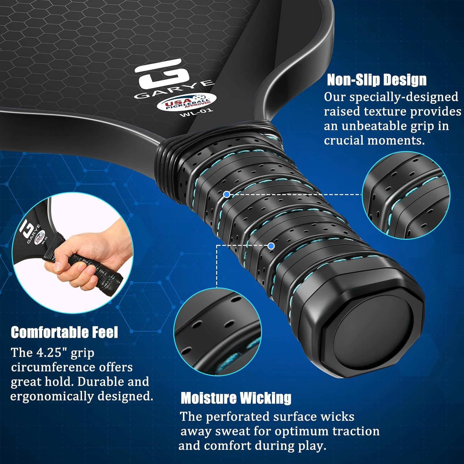 GARYE Pickleball Paddles, 16MM T700 Raw Carbon Fiber Pickle Ball Paddle That Has Great Grit & Spin, USAPA Approved Thermoformed Pickleball Rackets with Power and Control, 2 Grip Tapes 1 Cover image number 3