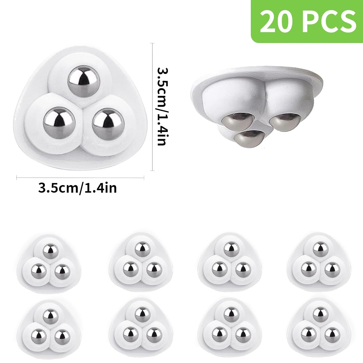 Itadaku 20 Pcs Mini Swivel Casters Wheels, 360&deg; Quiet Rotating Self-Adhesive Castors with 3 Steel Balls for Small Appliances, Furniture, Storage Boxes, Trash Cans, White image number 1