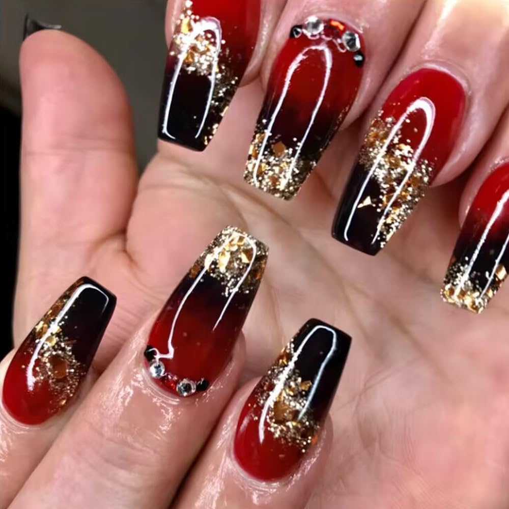 ＴＩＺＹＦＦ Press on Nails, Gold Glitter Black and Red Gradient Fake Nails, Artificial Nails for Women and Girls -24 Pcs image number 3