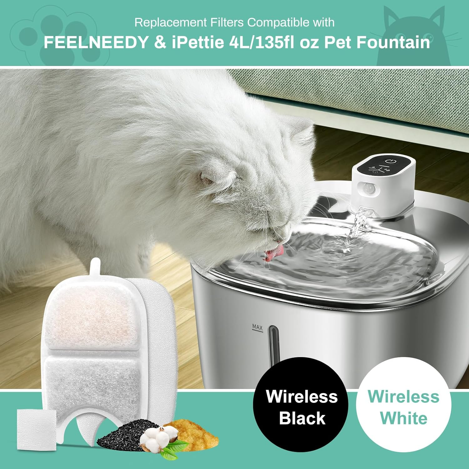 6 Set Replacement Filters & Sponges for 135 Fl Oz/4L Wilreless Cat Water Fountain, BFLICROY Cat Water Fountain Filters, Triple Filtration Pet Fountain Filter Replacement, Dog Fountain Filter image number 3