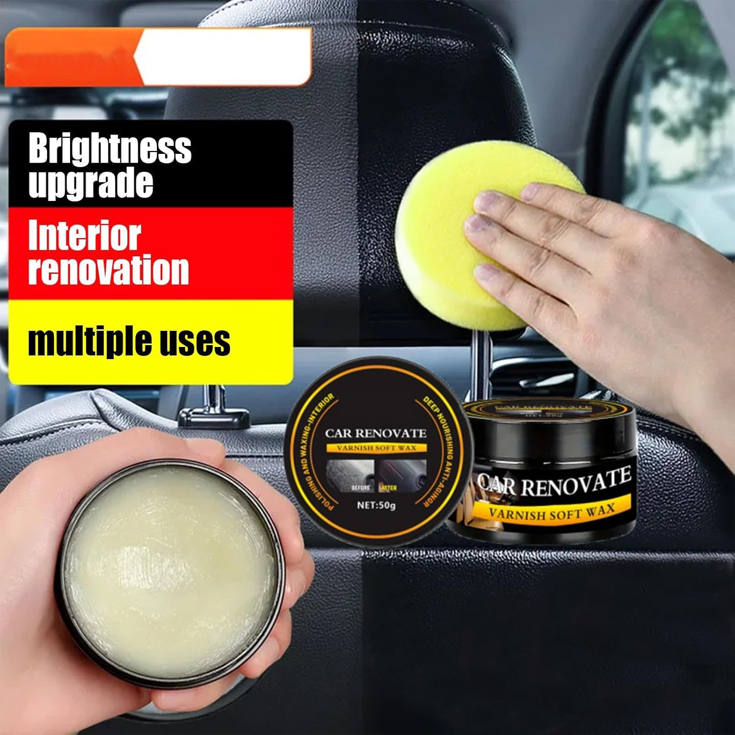 Rukjmqi Leather Car Cleaner | Car Polishing Wax 50G | Heat-Resistant Renovation Paste with Sponge High-Gloss Automotive Interior Care Supply for Marine Headlight Boat Floor image number 6