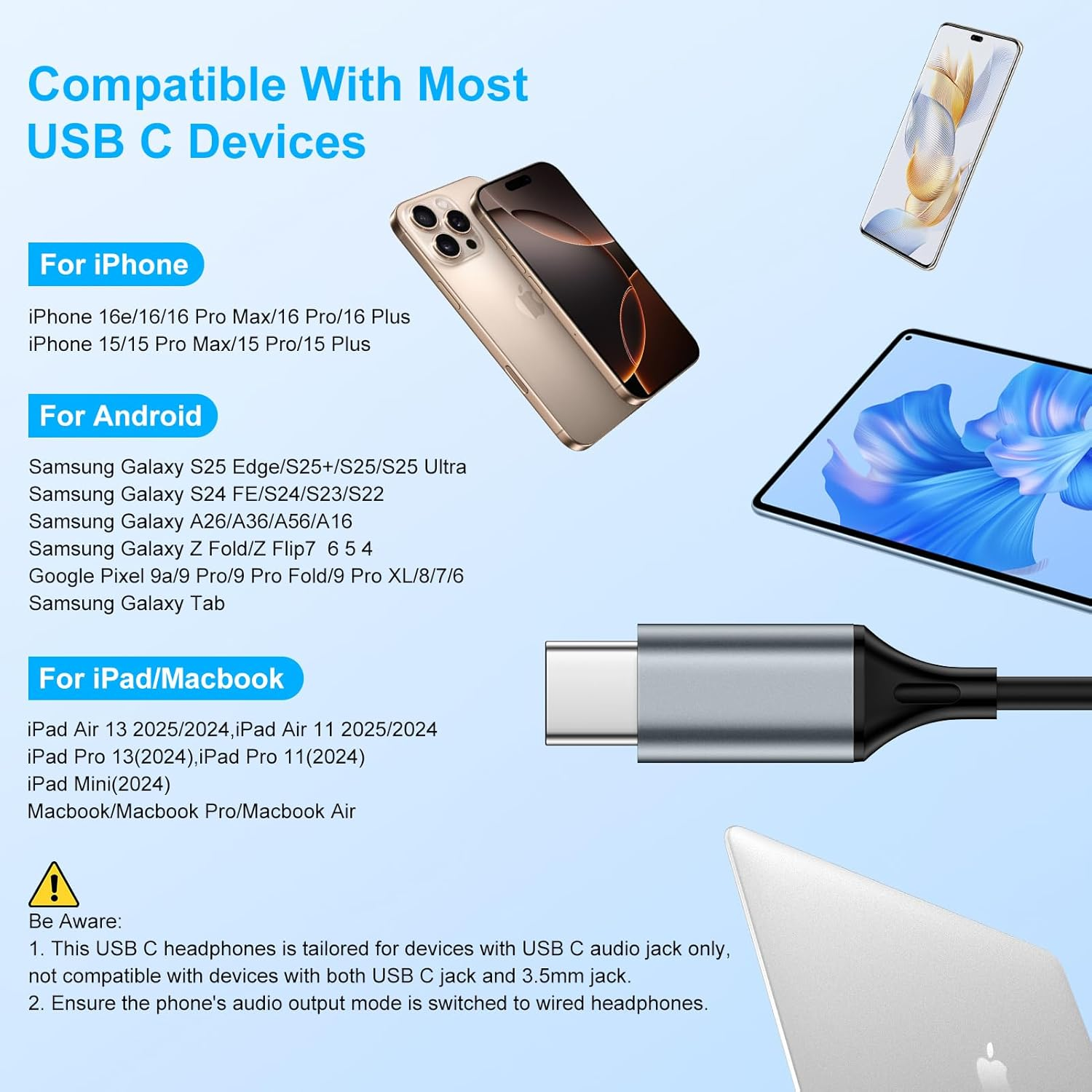 USB C Headphones Wired for Samsung Galaxy Z Fold7 Z Flip7 FE S25 Ultra S25 Edge S25+ S24 FE S23/A26 A36 A56/Pixel 9A 8, Type C Earbuds Hifi Stereo USB C Wired Earphones with Microphone Volume Control