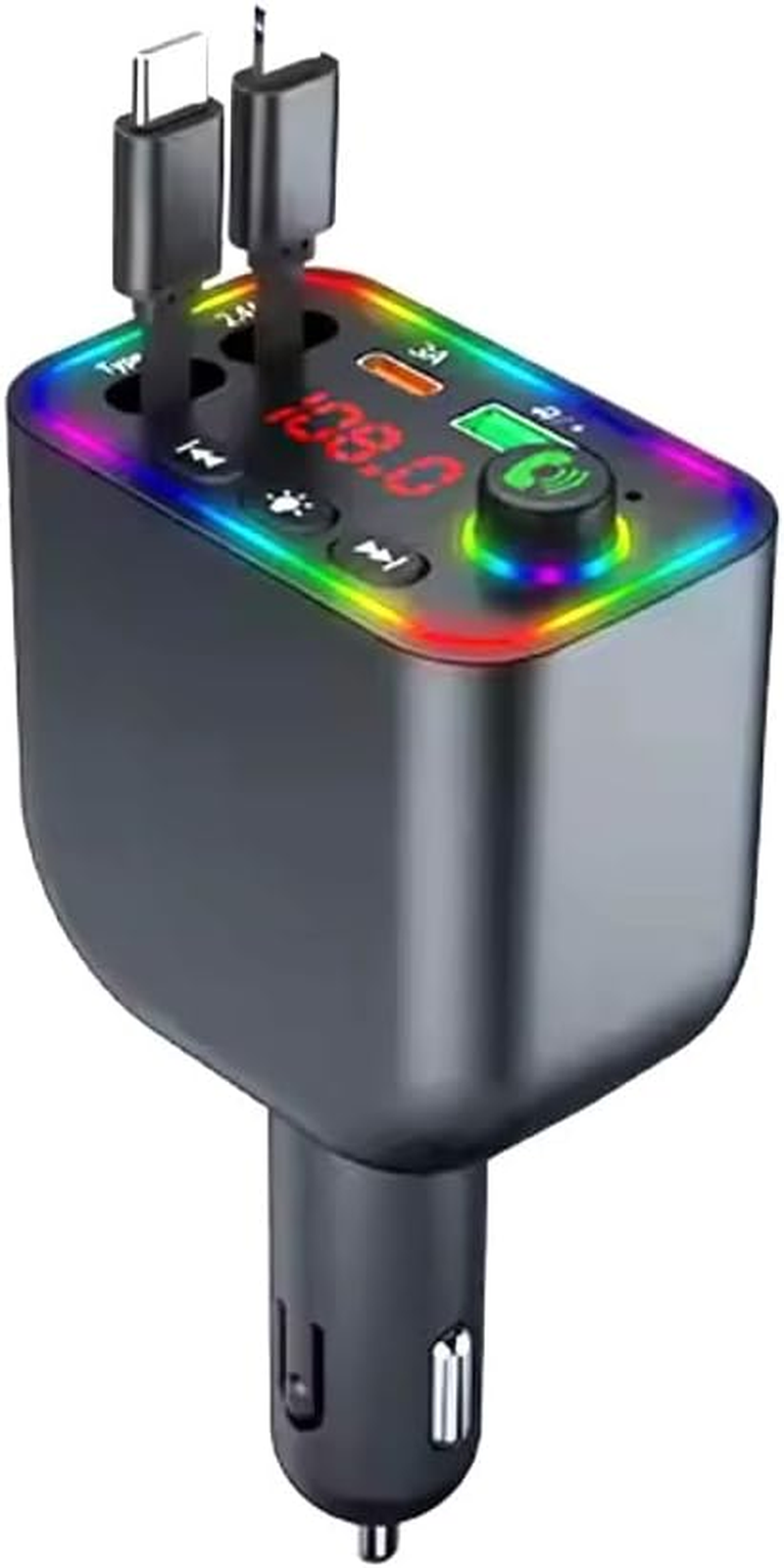KK KENIK 4-In-1 Bluetooth FM Transmitter Retractable Car Charger, 120W Fast Charging, Usb/Type-C/Iphone, RGB LED Display image number 1