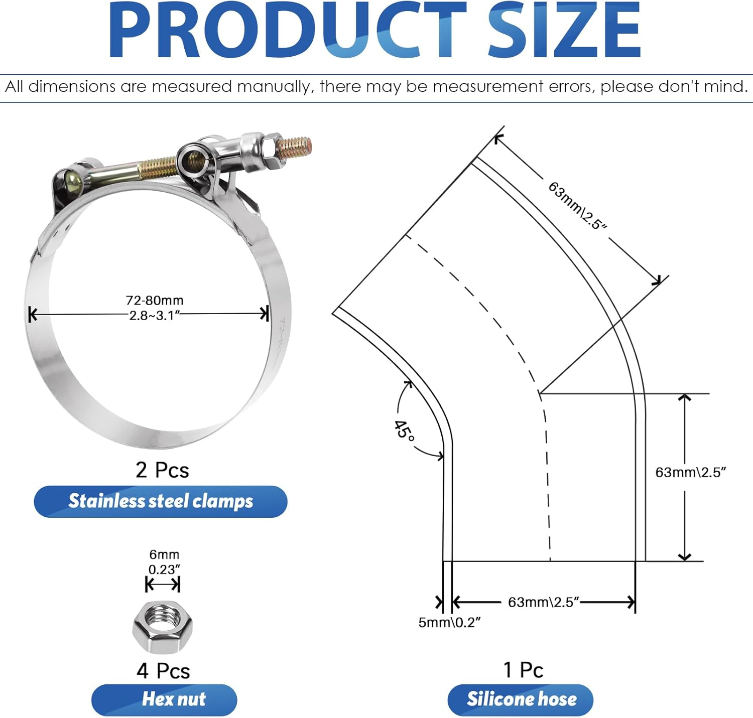 Glarks 7Pcs 45 Degree Elbow Coupler Silicone Hose Set Includes 1Pcs ID 2.5In 4-Ply High Performance Coupler Silicone Hose 2Pcs 2.8-3.1In T-Bolt Clamp 4Pcs M6 Hex Nut image number 1