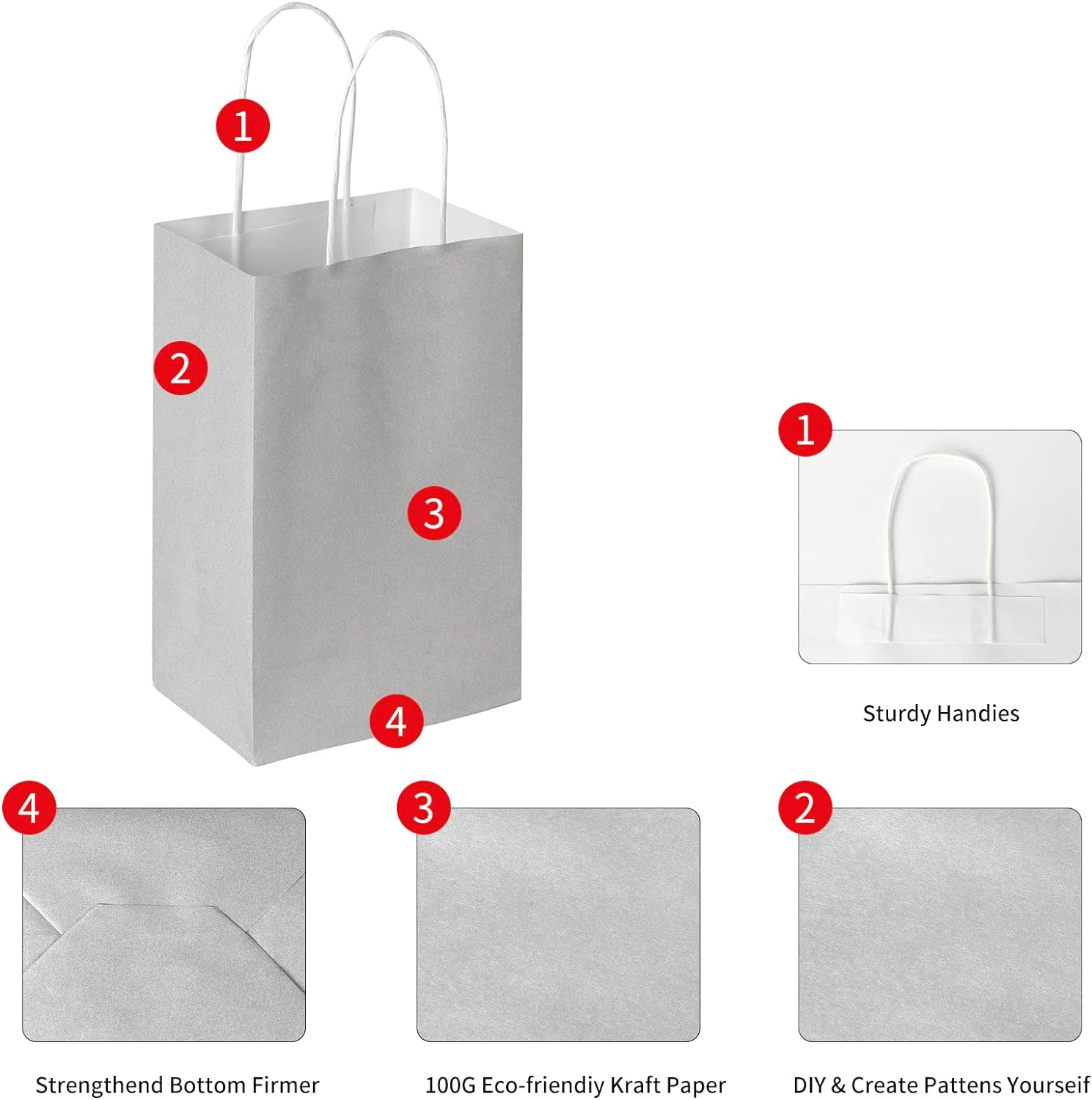 Oikss 100 Pack 5.25X3.25X8.25 Inch Small Kraft Bags with Handles Bulk, Paper Bags Birthday Wedding Party Favors Grocery Retail Shopping Business Goody Craft Gift Bags Cub Sacks (Silver Grey 100 Count) image number 2