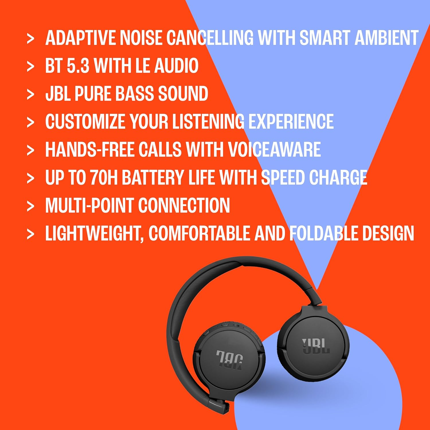 JBL Tune 670NC - Adaptive Noise Cancelling with Smart Ambient Wireless On-Ear Headphones, up to 70H Battery Life with Speed Charge, Lightweight, Comfortable and Foldable Design (Black) - Blue image number 4