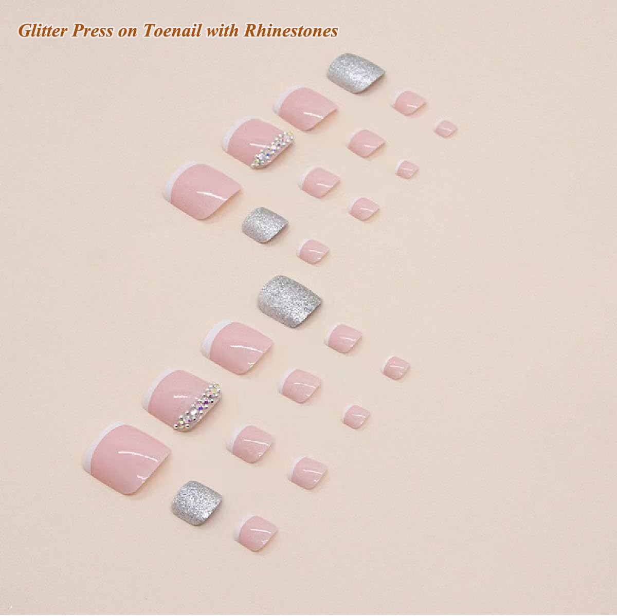 Kyzistn False Toe Nails, Square White French Fake Toe Nail, 24Pcs Glitter Press on Toenail with Rhinestones for Feet Fake Nails with Jerry Glue for Women and Girls