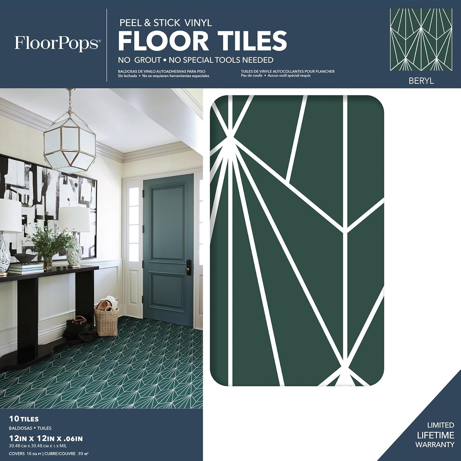 Floorpops FP3926 Beryl Peel & Stick Floor Tiles, Emerald - Blush image number 2