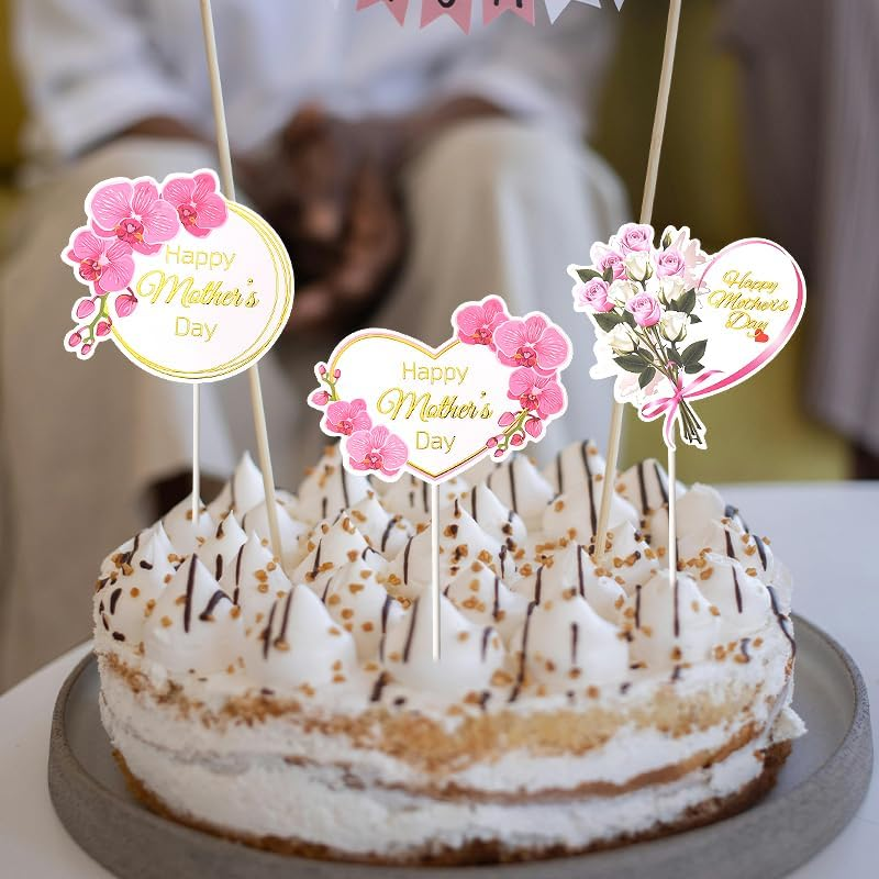 Happy Mothers Day Cake Topper Sign for Mother'S Day Cake Decorations for Women Mom Cupcake Toppers 3Pcs Heart round Rose Flower Floral Mothers Day Decorations Ideas