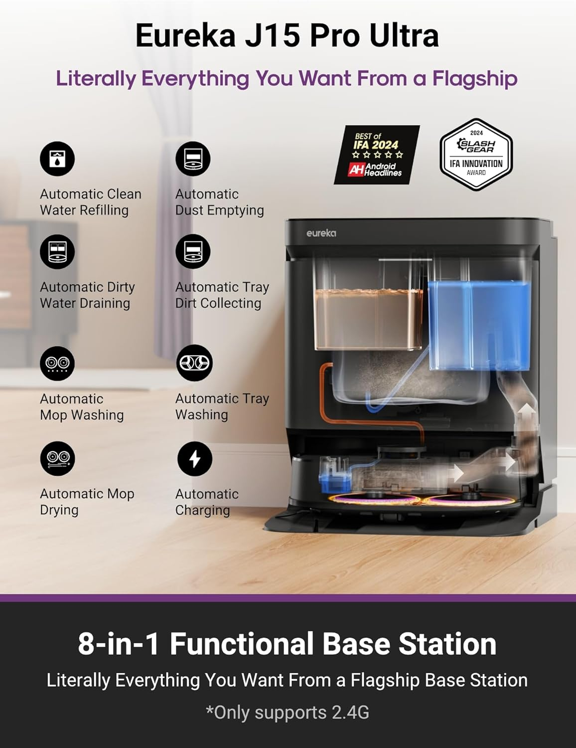 Eureka J15 Pro Ultra Robot Vacuum Cleaner and Mop, 16,200 Pa Suction, Flex-Arm Design Mop, Hot Water Mop Washing & Hot Air Drying, Active Hair Cutting Design, AI Obstacle Avoidance, Black