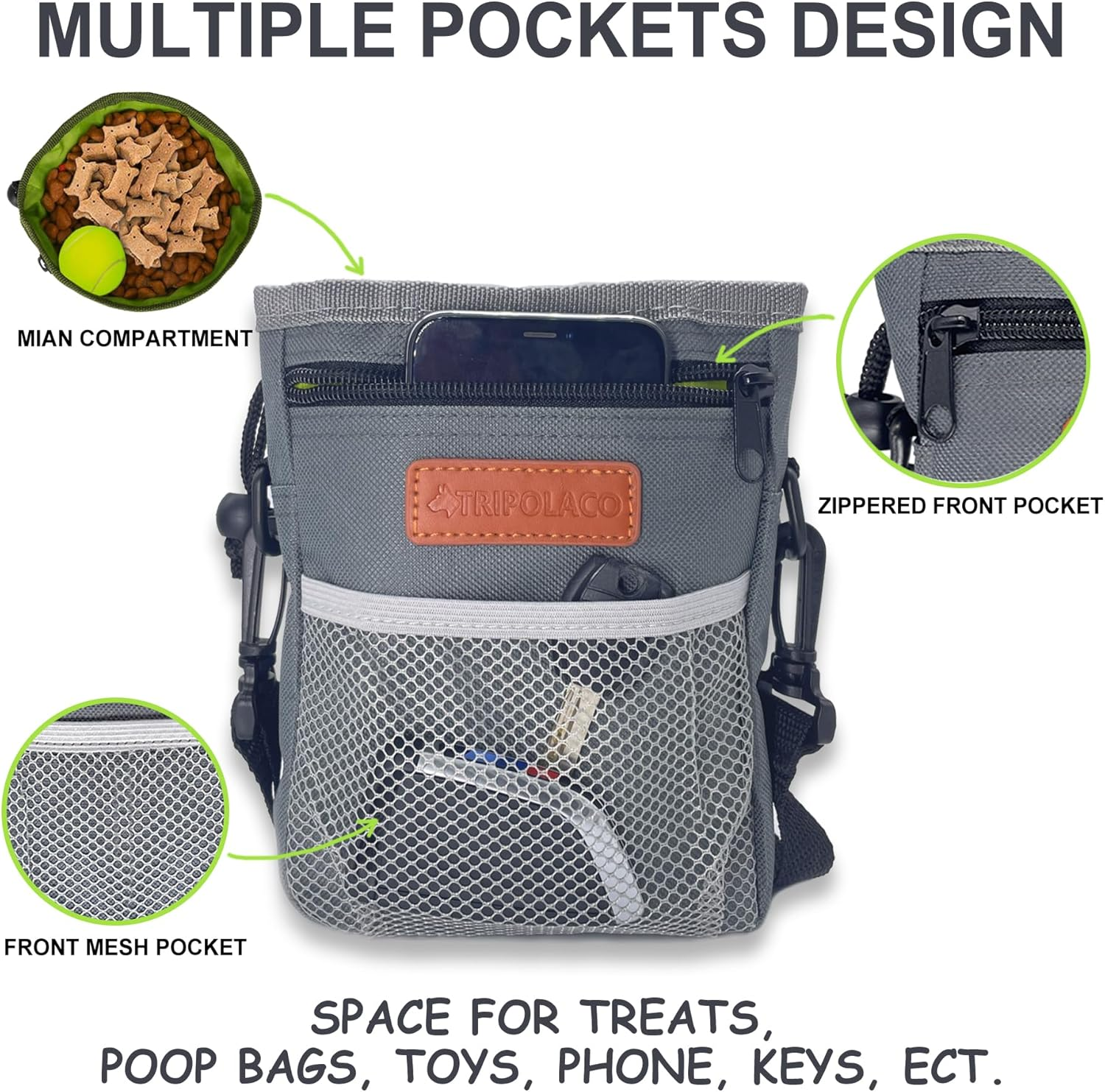 TRIPOLACO Dog Treat Pouch, Versatile Treat Pouches for Pet Training Easily Holds 2 Cups Kibble, Toys, Phone & Keys, Dog Treat Bags Training Pouch Built-In Poop Bag Dispenser for Walking, Gray