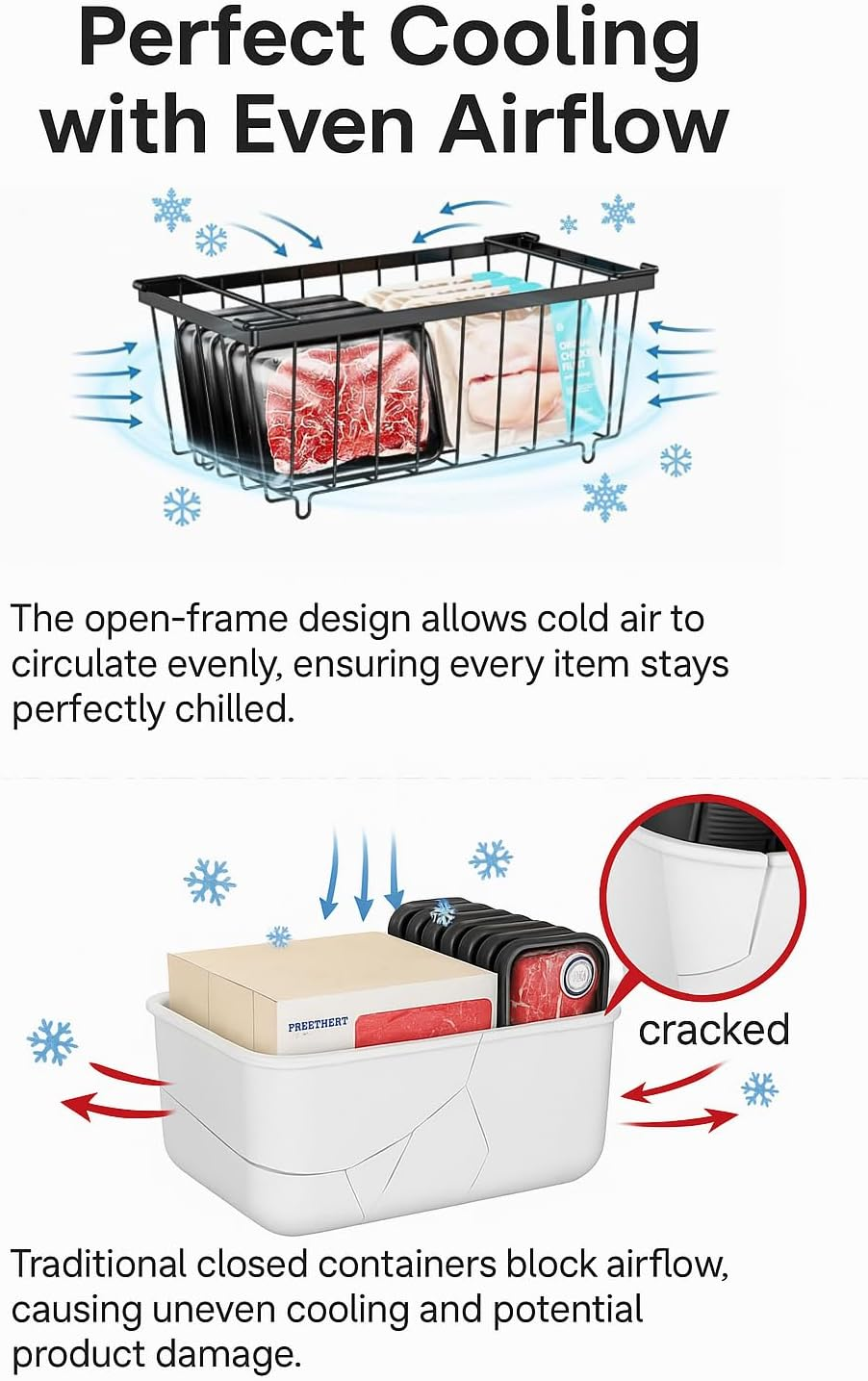 4 Pack Freezer Organiser Bins for Chest Freezer, Stackable Folding Metal Large Freezer Organizer Bins, Deep Freezer Drawer & Rack Baskets, Hanging Storage Fridge Organiser with Handles