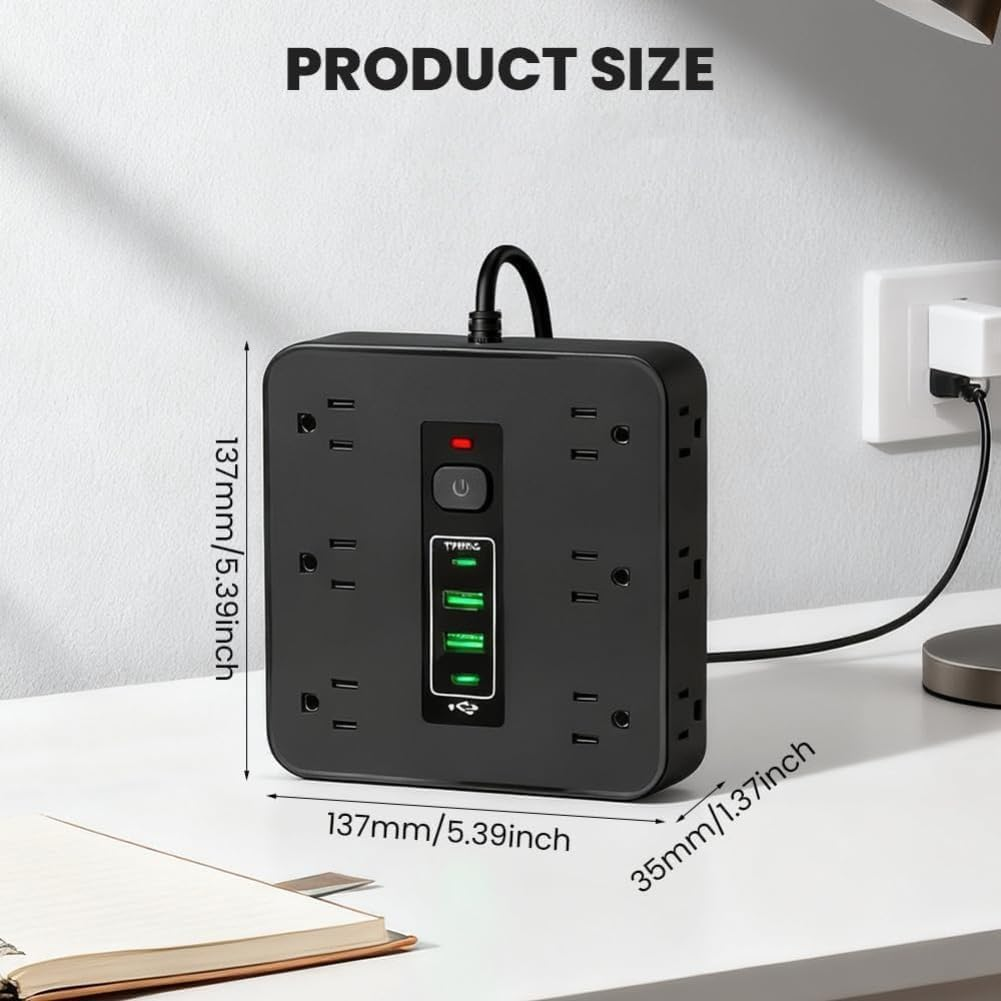 16-In-1 Power Strip with Switch & Surge Protection, ETL Listed Fireproof Power Strip,16 in 1 Power Strip Surge Protector with 12 Ac Outlets,2 USB-A Ports, 2 Type-C Port, for Home (Black*2) - White*2 image number 4