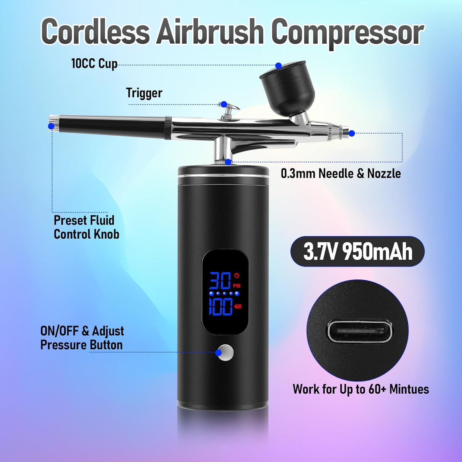 MEKOTRIN Cordless Airbrush Kit, Rechargeable Air Brush Gun Kit with LCD Display, High Pressure Air Brushes with 0.3Mm Nozzle and Cleaning Set for Painting, Tattoos, Makeup, Cake Decorating