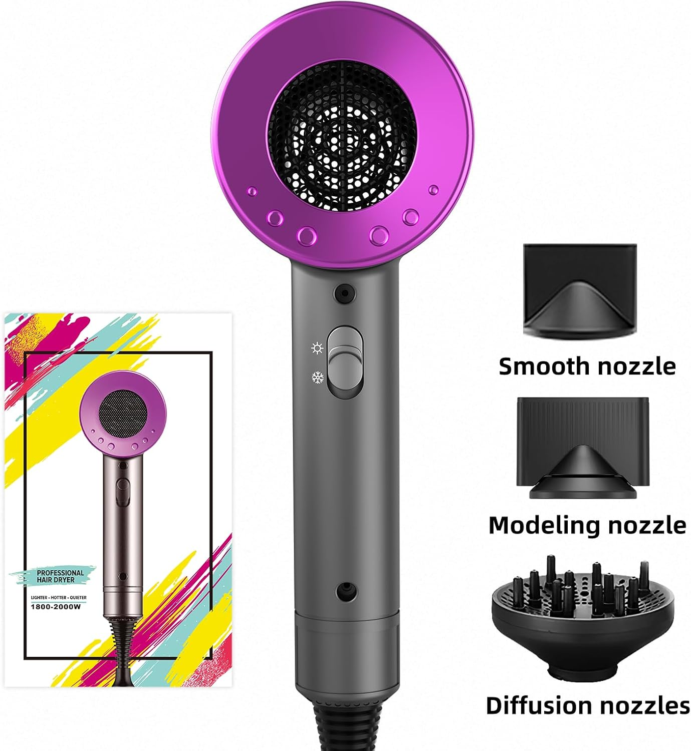 Xcjump Hair Dryer with Diffuser, 2000W Professional Ionic Hair Dryer, Heating Hot and Cold Air, Constant Temperature Hair Care, for Home, Travel, Salon Use (Purple) image number 4
