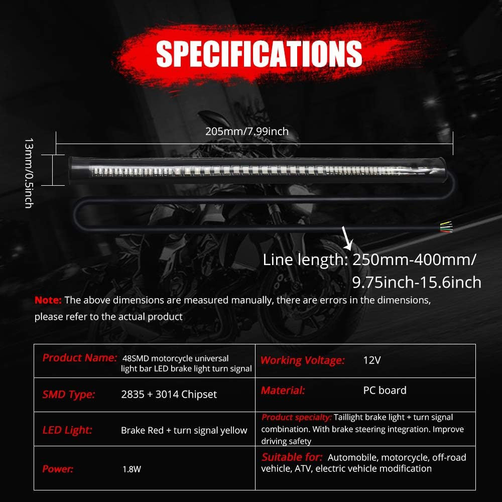 Universal Motorcycle Tail Lights 48 Leds Amber/Red Colors Brake Stop Turn Signal Flexible LED Strips for Davidson Harley,Motorbike,Atv,Rv,Suv,Car.(2-Pack).