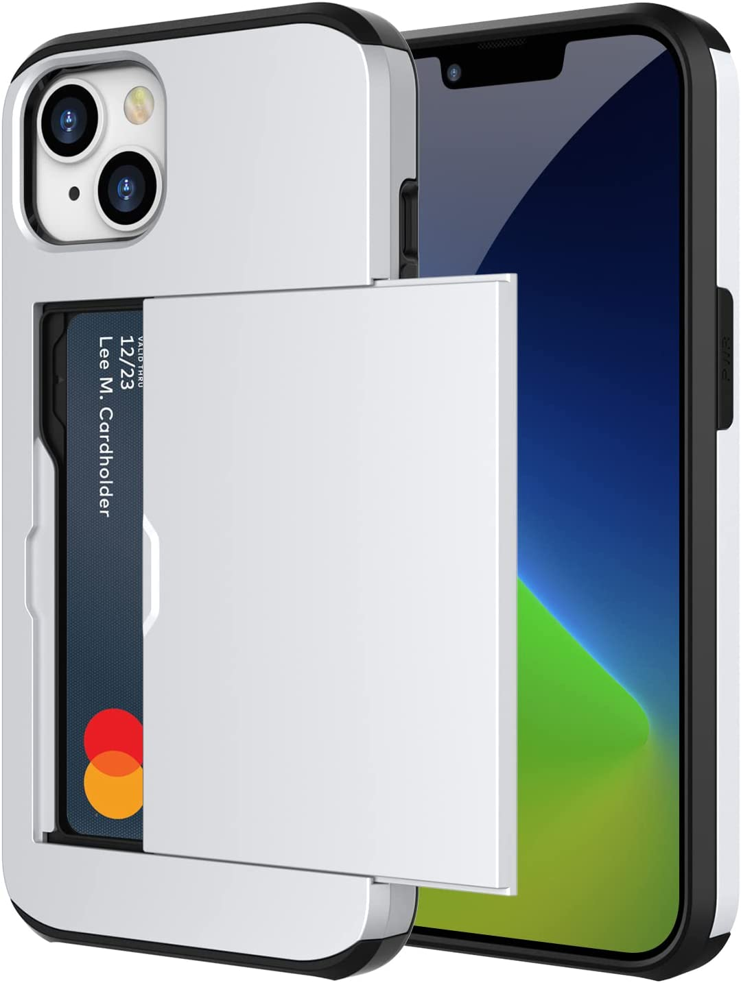 ZUSLAB Iphone 14 Case Slide Armor Card Holder Protective Shockproof Hard Back Cover for Apple - Silver - Green image number 7