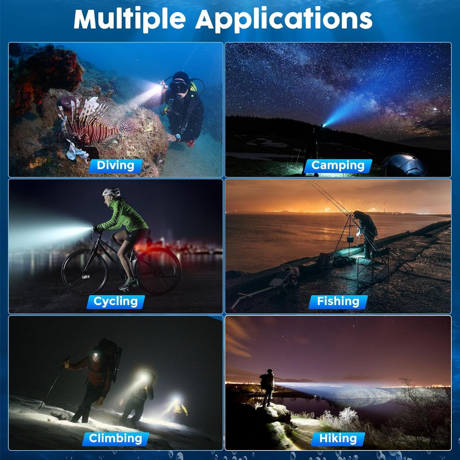 Bluefire Rechargeable Diving Flashlight,1500 Lumen Scuba Dive Torch, IPX-8 Waterproof Diving Torch Tactical Flashlight Night Dive Torch Submersible Light for Outdoor Underwater(1 Pack) image number 2