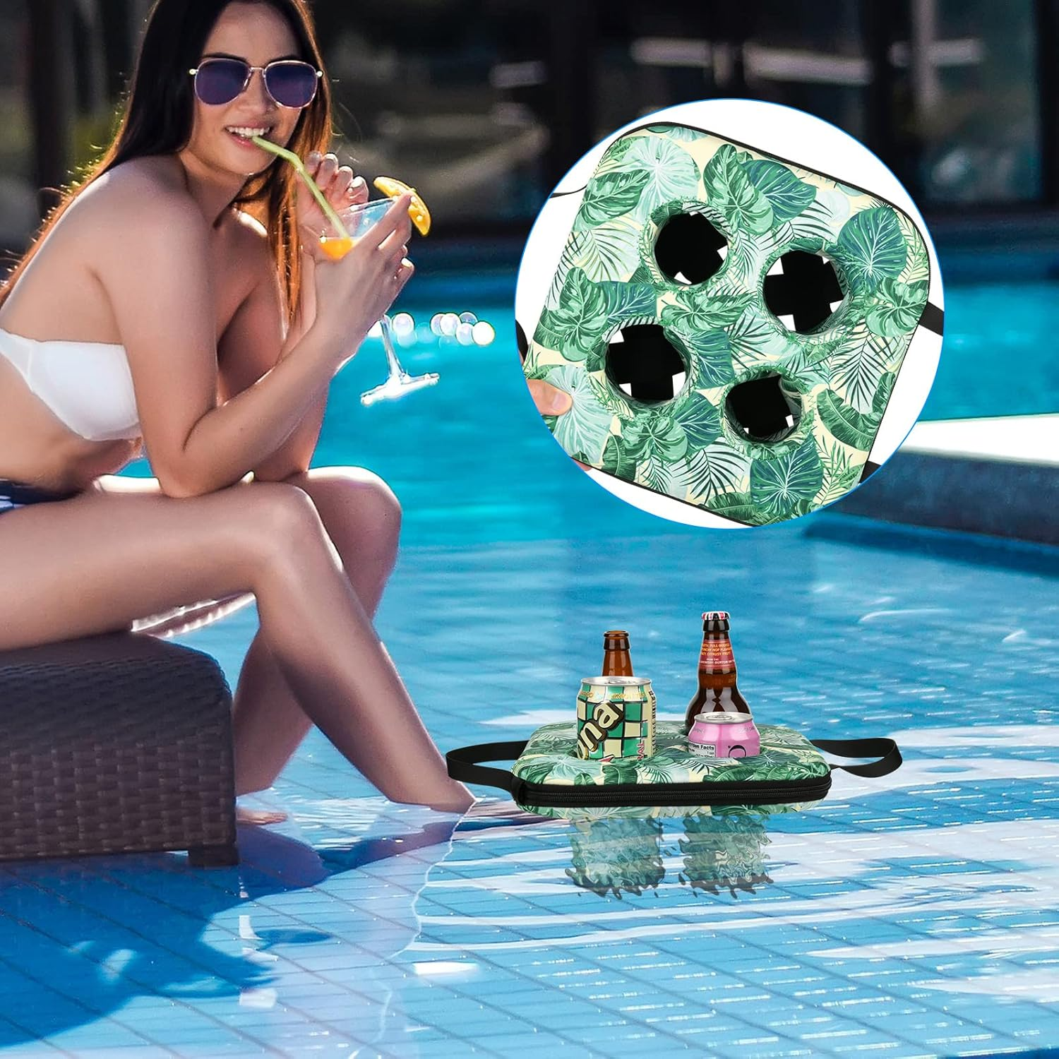Cosmos Floating Drink Holder Pool Beverage Float Cup Coaster Non-Inflatable Floating Refreshment Drink Tray Holds 4 Pcs Beer Can/Bottle/Coffee Cup/Tumbler for Beach Hot Tub Pool Party Water Fun image number 3
