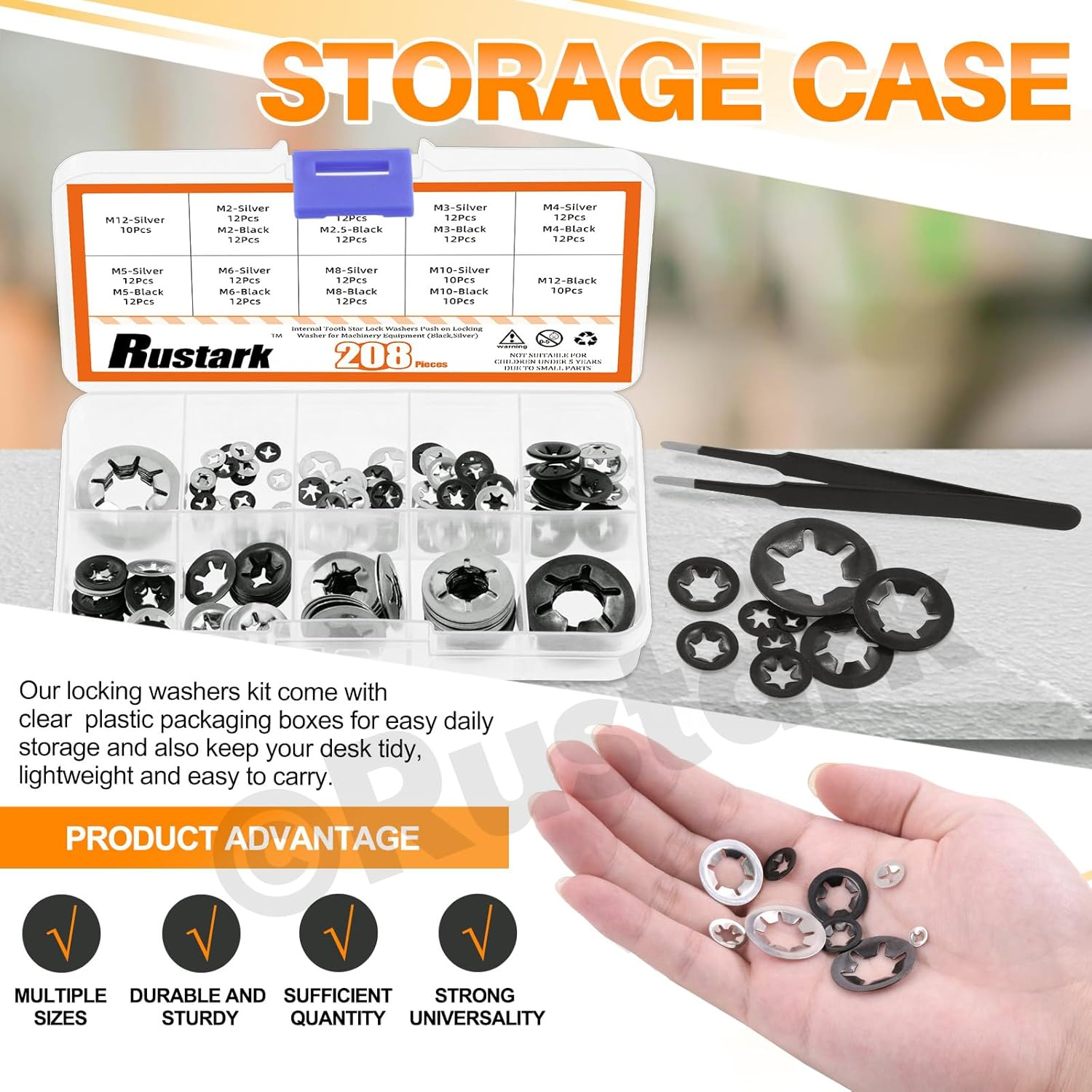 208Pcs M2-M12 9 Sizes Internal Tooth Star Lock Washers Assortment Kit, 304 Stainless Steel Quick Speed Locking Washers and Black Oxide Finish Push on Speed Washers Push on Locking Washer image number 3