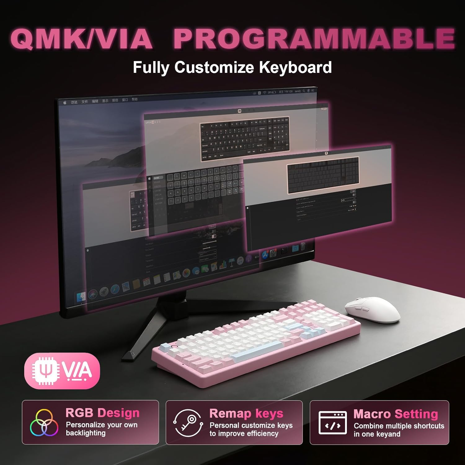 YUNZII AL98 QMK/VIA Wireless Mechanical Gaming Keyboard, Full Aluminum, BT/2.4G/USB-C, Pre-Lubed Hot Swappable Gasket Mount 1800 Layout, RGB Backlit for Win/Mac (Pink, Cocoa Cream V2 Switch) image number 5