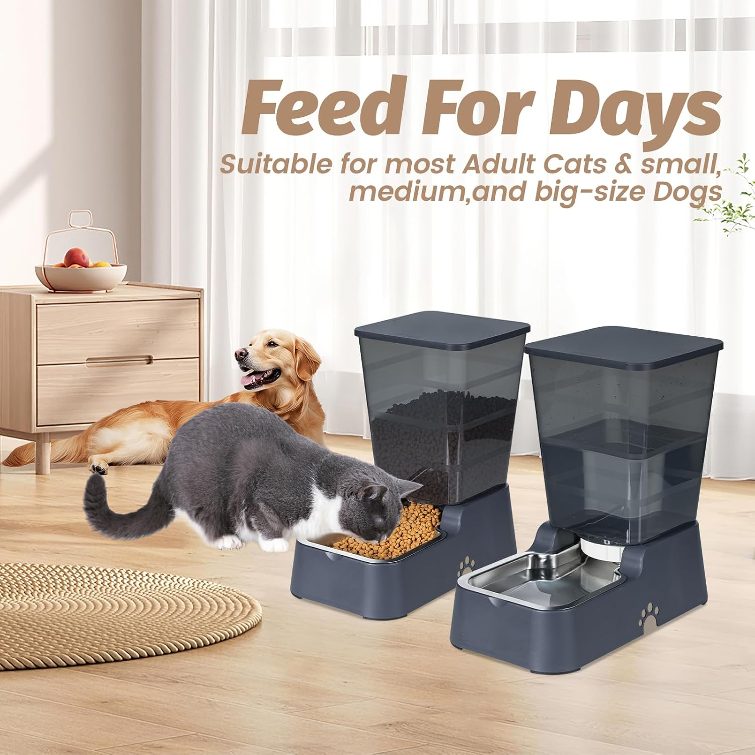 Automatic Dog Cat Feeder and Water Dispenser with 304 Stainless Steel Bowl, Suitable for Medium and Large Dogs and Cats, Large Capacity 5.3L, 2 Pack (Black Set) - Black Set image number 3