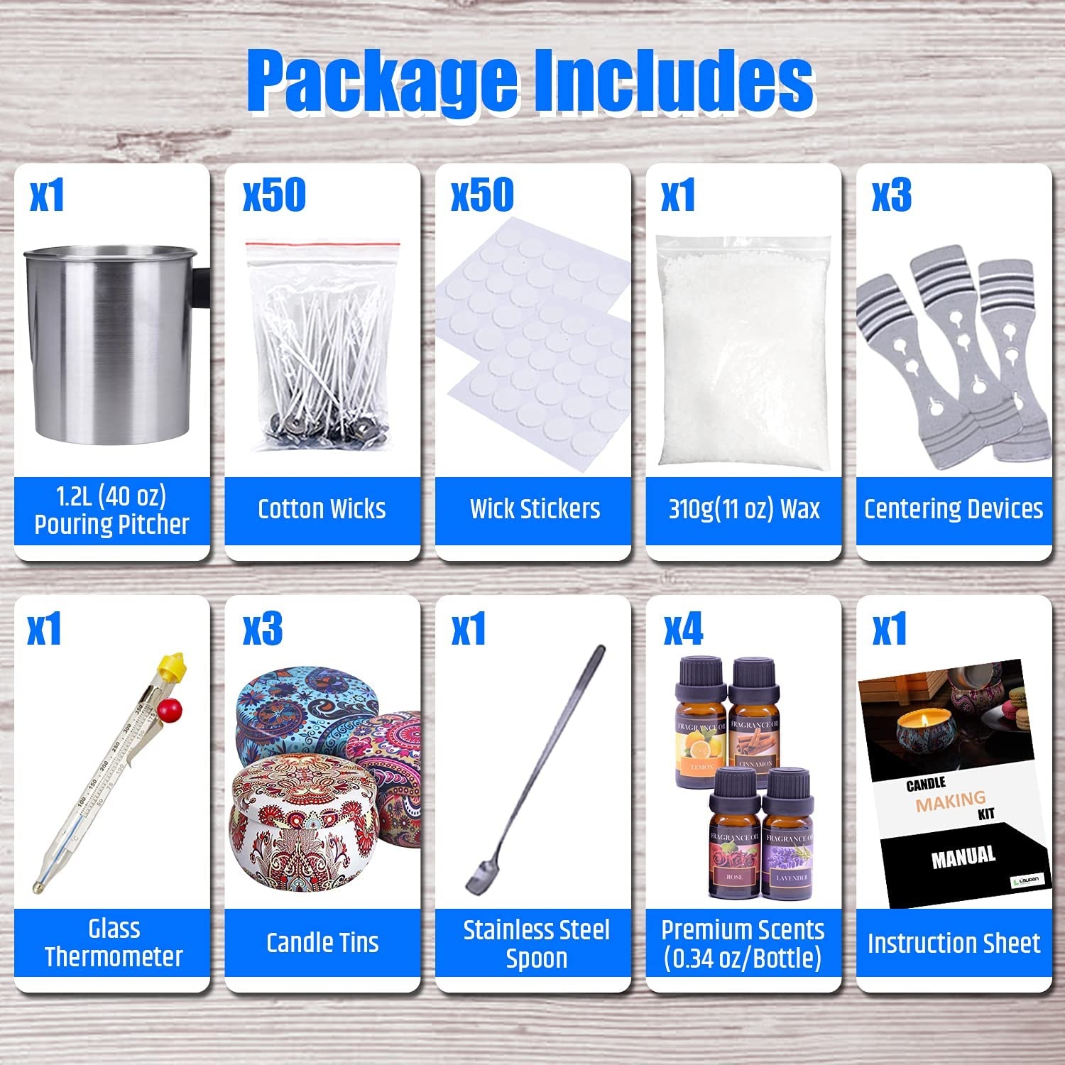 Laudan Essentials Candle Making Kit - DIY Scented Candle Supplies, 310G Soy Wax, 50 Wicks, 3 Tins, 4 Scents, Non-Foldable, All Ages image number 5