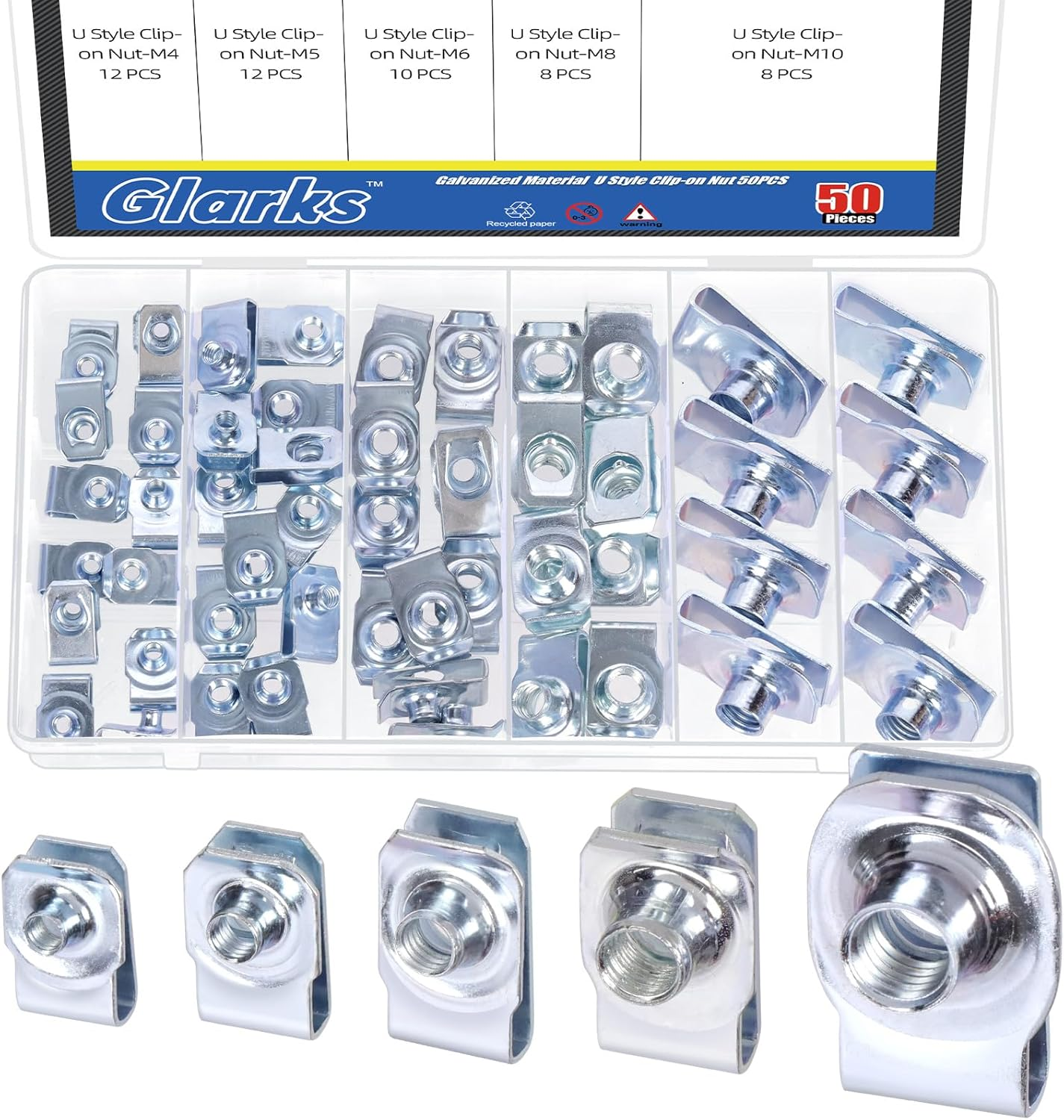 Glarks 50Pcs M4 M5 M6 M8 M10 U-Style Clip-On Nuts Set, Black Carbon Steel Thread Clip Nut, U Nuts Clamp Set, U-Shaped Nut, Automotive U-Clips for Engine, Fender, Bumper, Dash, Interior Trim Panels