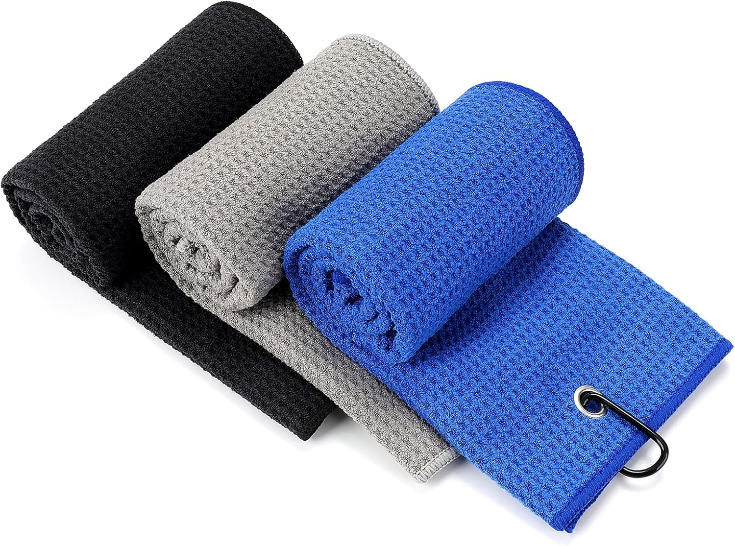 [3 Pack]Microfiber Golf Towels (40X40Cm) with Carabiner Clip & Hook, Convenient Golf Cleaning Towel, Waffle Pattern Tri-Fold Handy Picks Towel (Black+Blue+Gray)