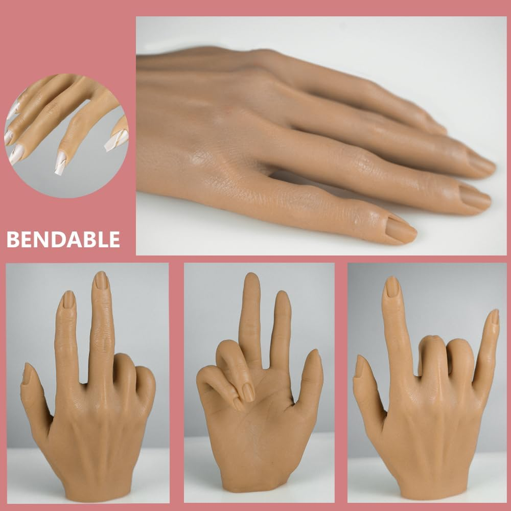 Silicone Practice Hands for Acrylic Nails with Stand Bracket Nail Practice Hand Flexible Bendable Mannequin Hands for Nails Art Training Tool (Right Hand)