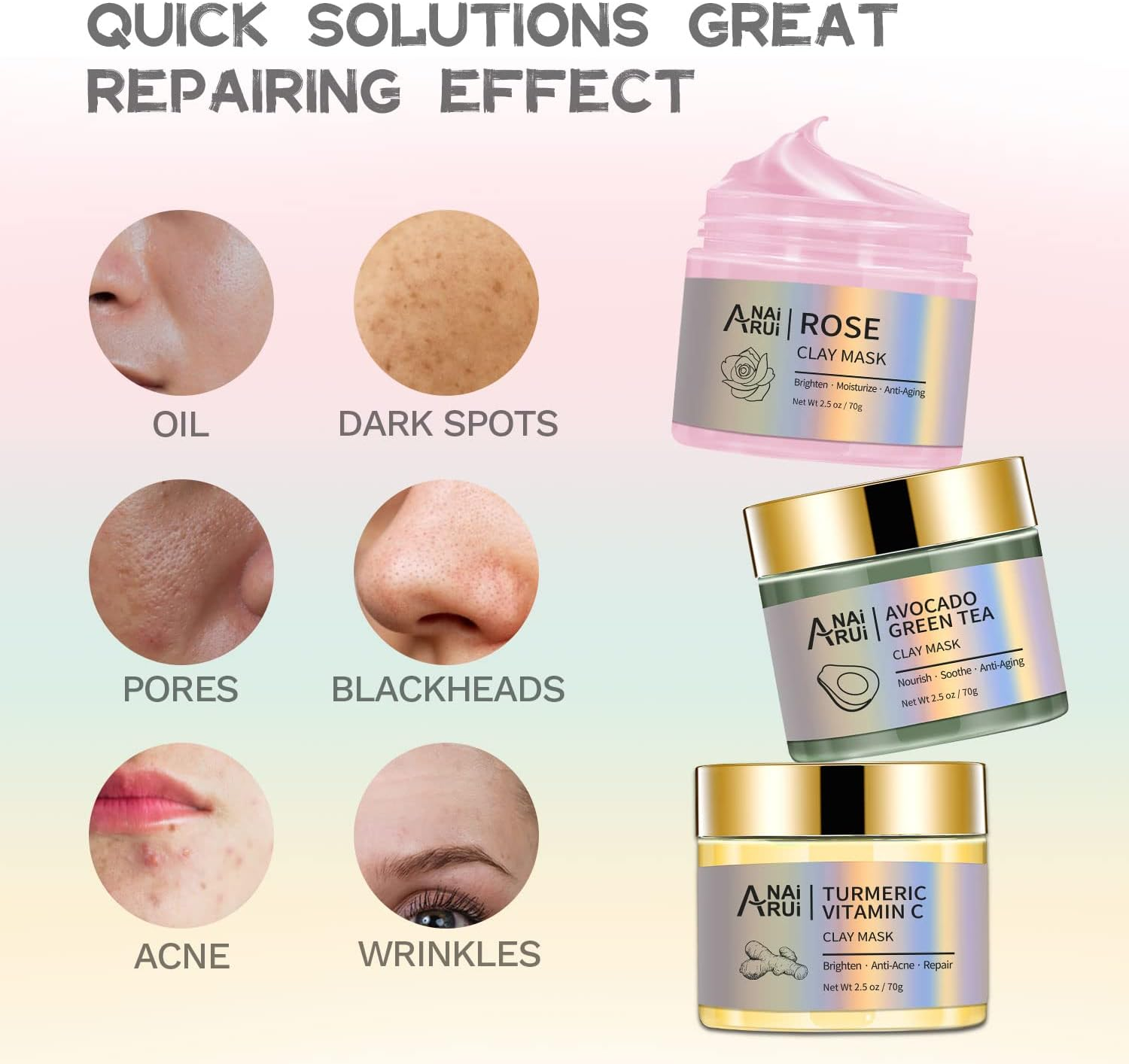 ANAI RUI Turmeric Vitamin C -Rose Facial Mask -Avocado Green Tea Mud Mask,Facial Mask Skincare for Deep Cleansing,Purify Pores, SPA Mask Set 2.5 Oz Each image number 4