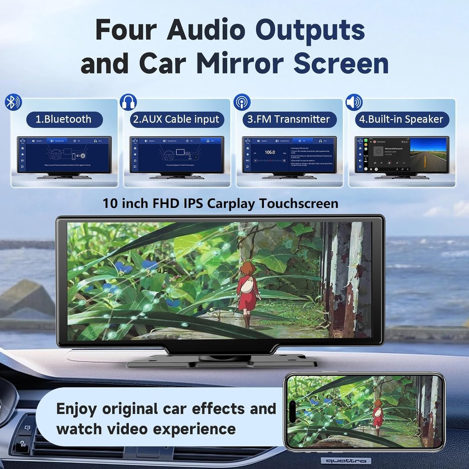 10.26'' Wireless Portable Carplay Screen for Car, Carplay & Android Auto Car Touch Stereo, with 4K Dash Cam, Backup Camera,Bluetooth, Voice Control, GPS Navigation (10.26Inch with 64GB TF Card) image number 1