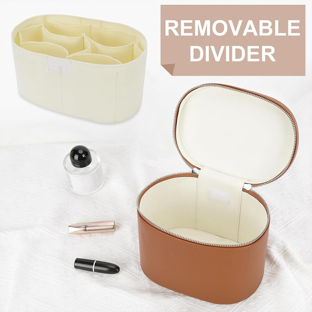 Makeup Bag with Handle &ndash; Travel Cosmetic Organizer Case with Compartments, Portable Toiletry Bag for Women, Compact Makeup Storage Pouch (Brown) image number 5