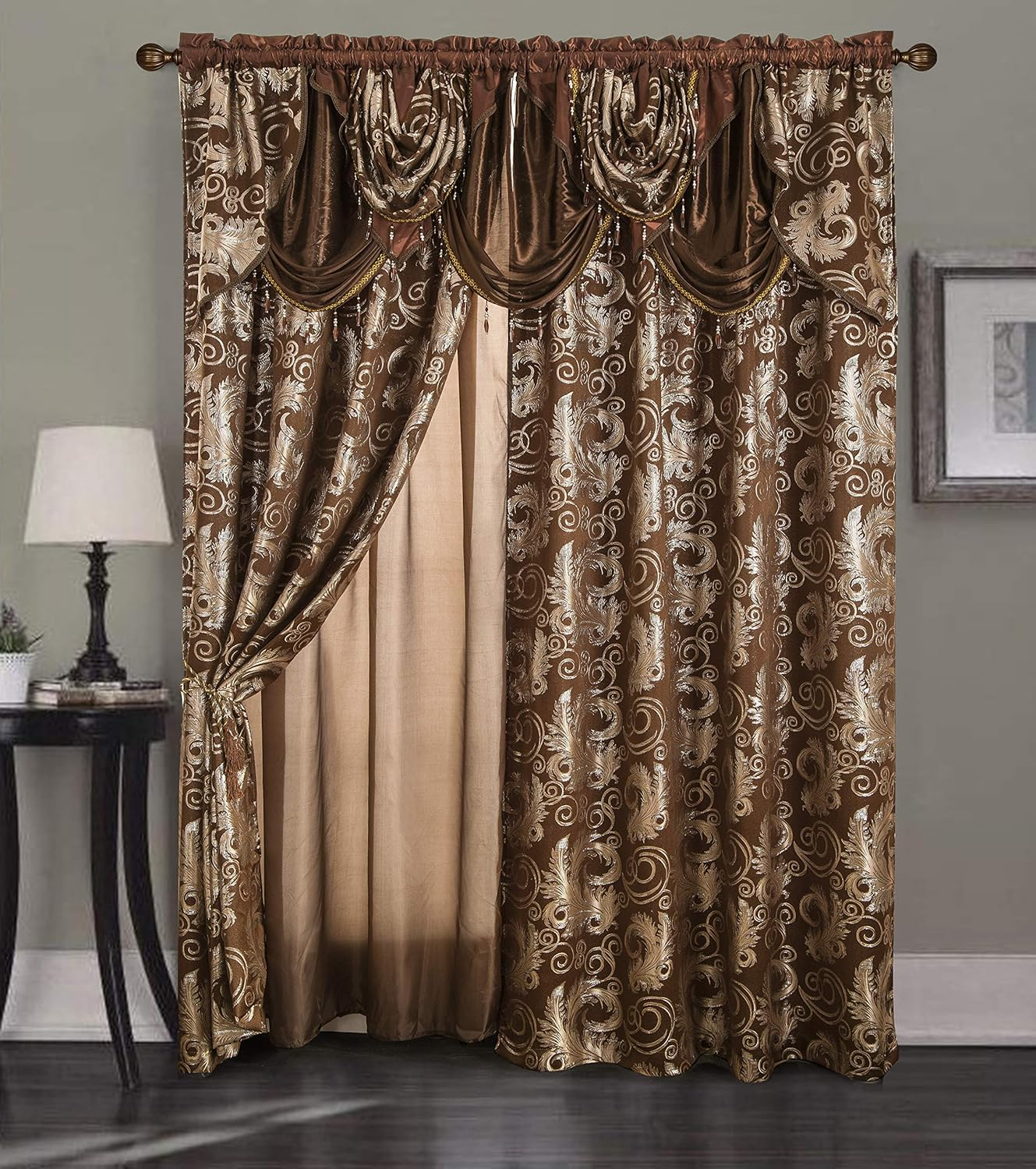 Golden Linen Jana Collection 2Pc Curtain Set with Attached Valance and Backing 55"X84" Each, Polyester & Polyester Blend, Taupe, 2 Panels of 55" X 84" Each