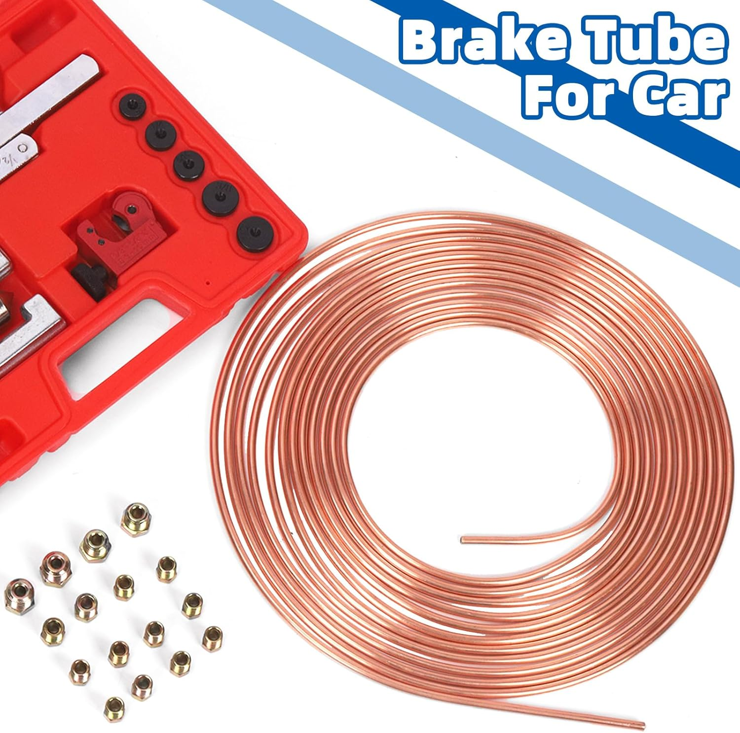 Glarks 3/16 Brake Line Tubing Kit, Copper-Coated Steel Tube Roll and Fittings, Steel Tubing Coil Kit with 16Pcs Inverted Tube Nut Fittings for Hydraulic Braking Systems, Fuel Systems image number 2