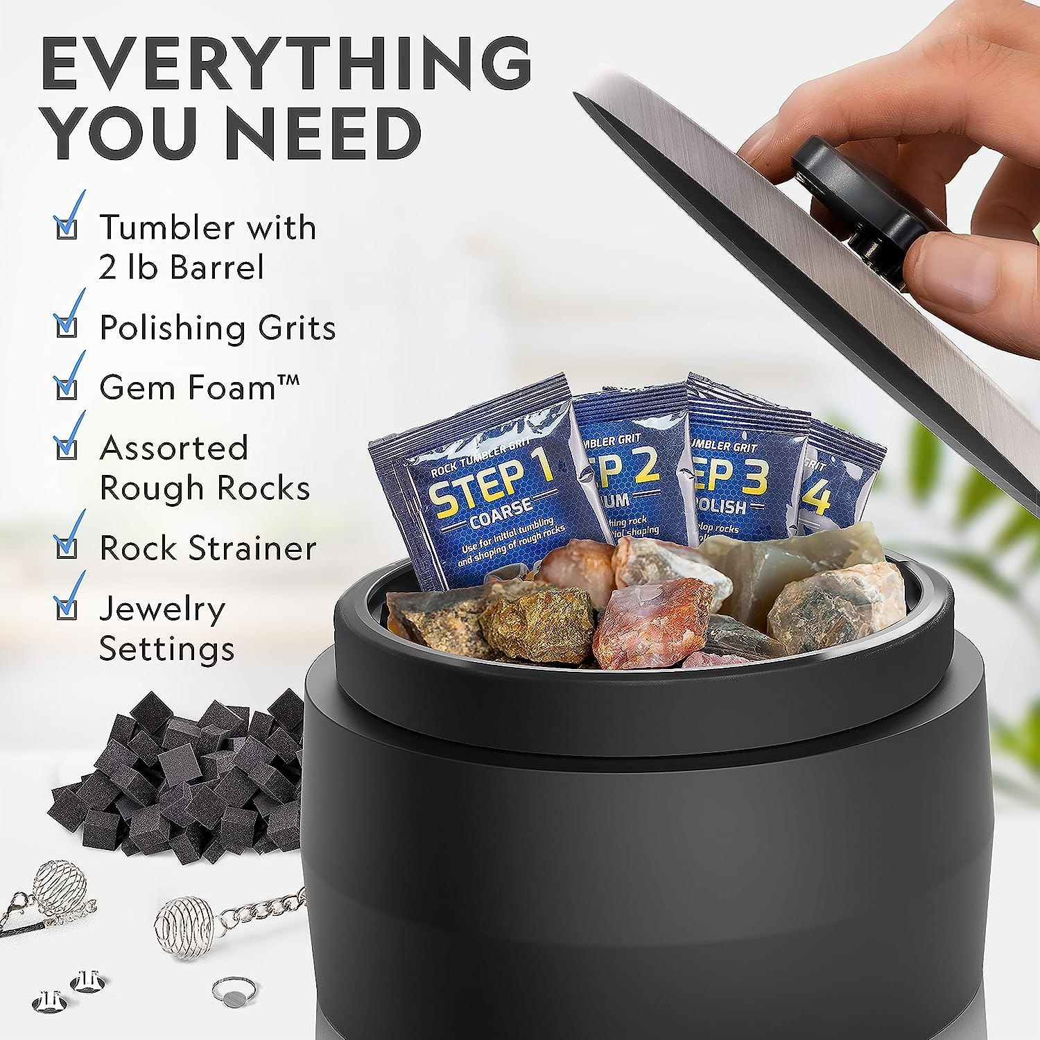 National Geographic Professional Rock Tumbling Kit - Patent-Pending Rock Polisher for Kids & Adults, Platinum Series Ultra Quiet, 2 Lb. Barrel, Rocks, Grit, Gemfoam Polisher, Rock Tumblers for Adults