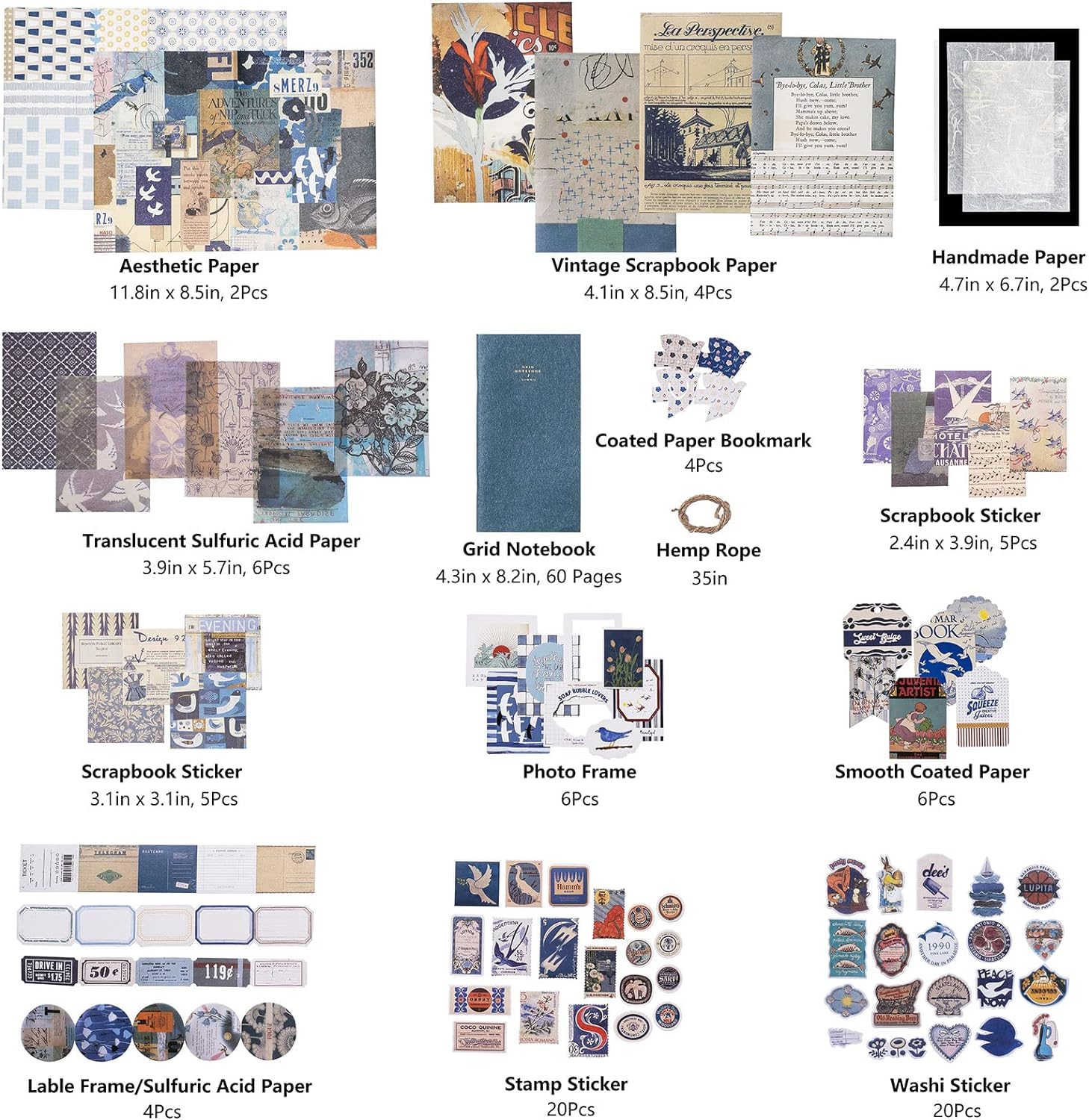 JOYCHOIC Vintage Scrapbooking Supplies Aesthetic Journaling Kit, Scrapbook Papers Quote Stickers TN Notebook Large Collection for Bullet Junk Journal, Planner DIY Arts Craft Collage, Beginners - Blue image number 6