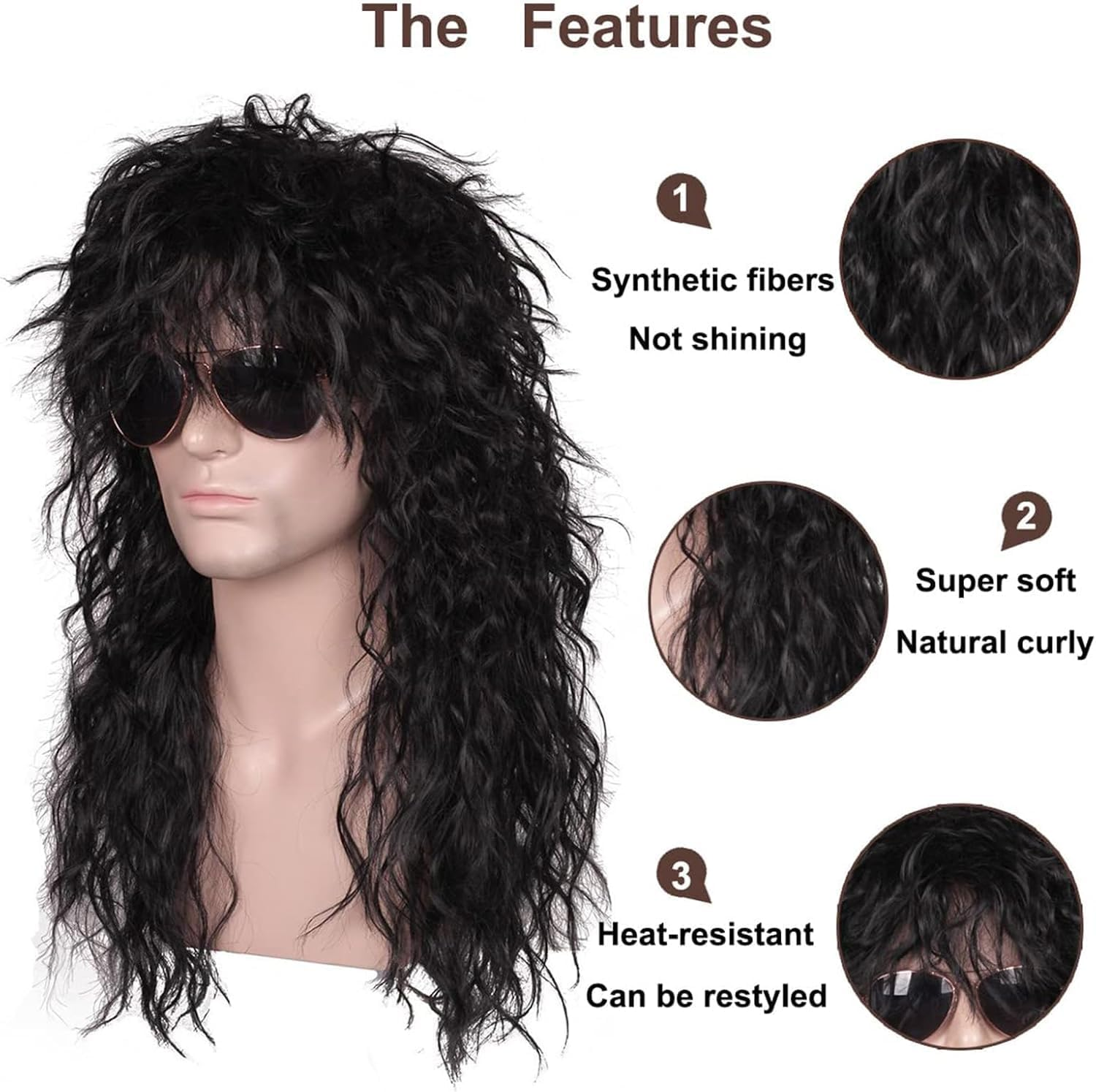 70S 80S Hair Metal Rocker Hippie Costume Accessories - Long Curly Black Synthetic Costume Wig for Halloween, Cosplay, Anime, Themed Parties (Unisex Adjustable Design) image number 1